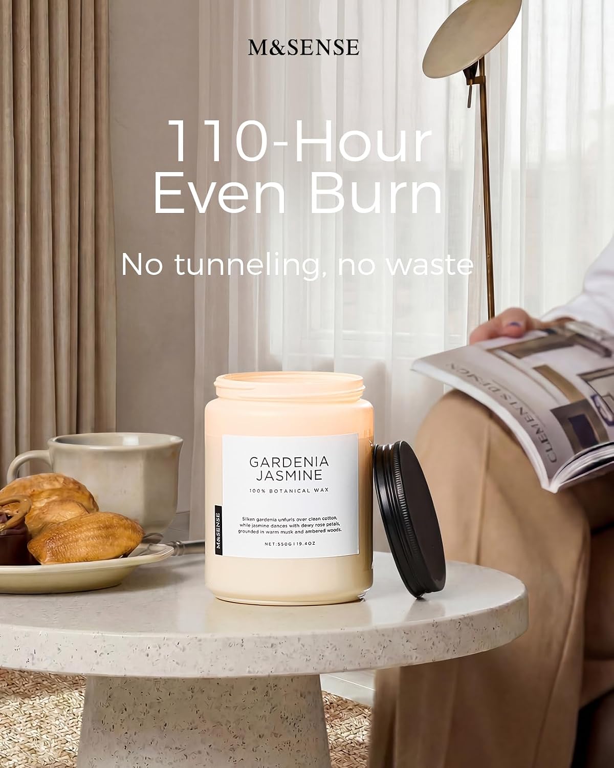 M&SENSE Large Gardenia Jasmine Home Scented Candles, 19.4oz Natural Soy Wax | 110 Hours Long Lasting, Slow Burn, Non Toxic Clean Burn, Spring Floral Scent Aromatherapy Gift for Women - Image 6