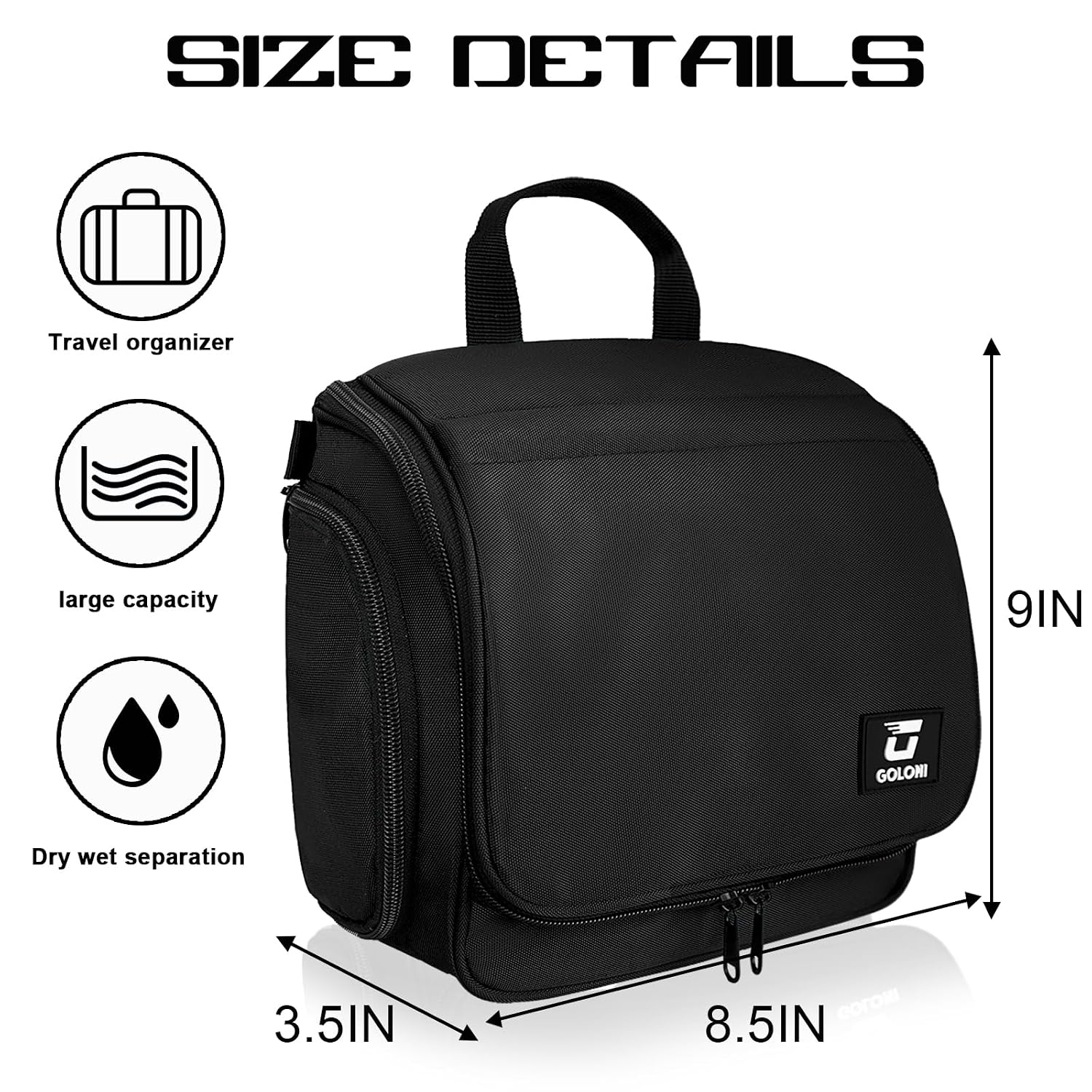 Hanging Toiletry Bag, 10 Compartments Water-Resistant Makeup Bag with 360° Spinning Metal Hook, Large Travel Cosmetic Organizer for Men & Women, Black (7.05oz) - Image 2