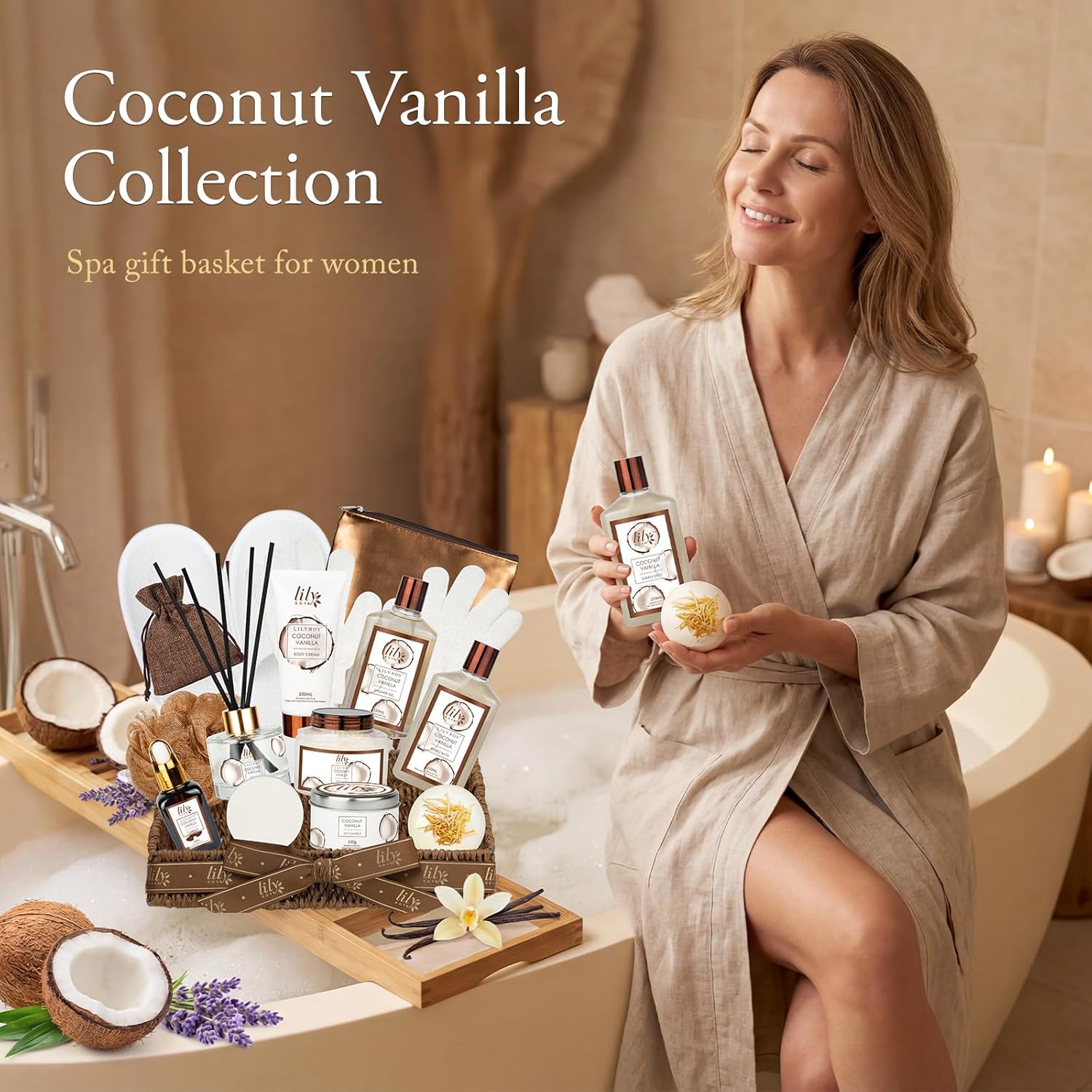 Coconut Vanilla Spa Gift Set, Complete Spa Gift Baskets for Women & Men | Women Gifts, Men Gifts, Spa Kit, Spa Gifts for Mom & Dad, Christmas, Mother‘s Day, Valentine’s, Birthday, Hydrating Skin Care - Image 6