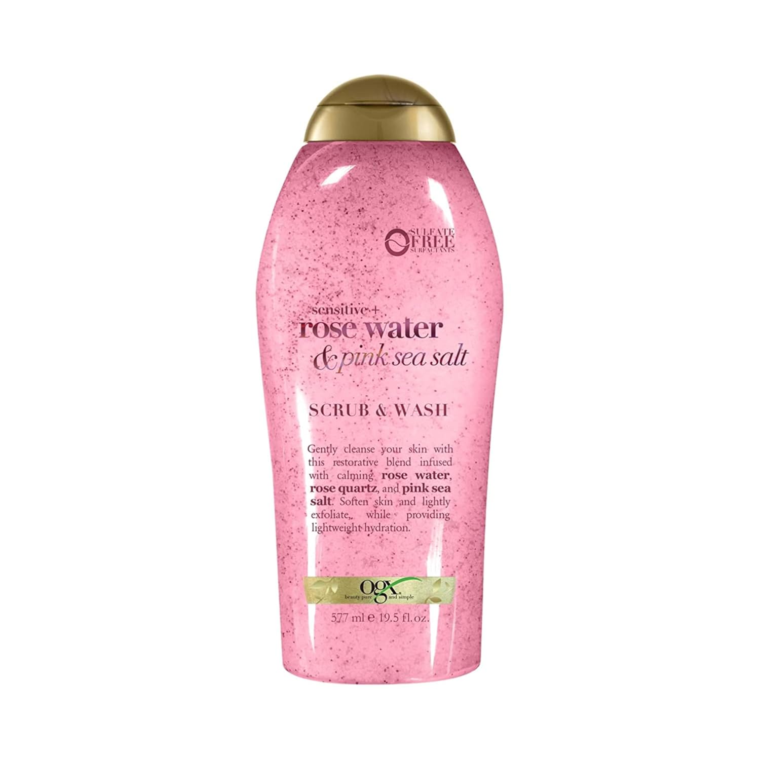 OGX Sensitive + Rose Water & Pink Sea Salt Body Scrub, 19.5 fl oz | Gentle Exfoliating Daily Body Wash, Rose Quartz, Softens Skin, Sulfate-Free Surfactants