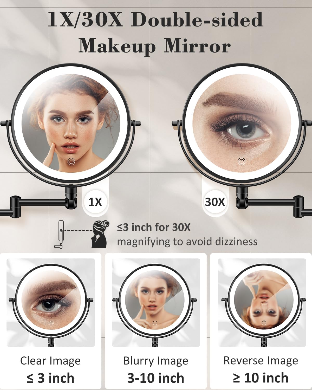 9'' 30X/1X Wall Mounted Height Adjustable Lighted Magnifying Makeup Mirror | 5000mAh Rechargeable Bathroom Mirror with 3 Color Modes Light, Extended Arm Space Saving for Apartment, Hotel, Rental House - Image 3