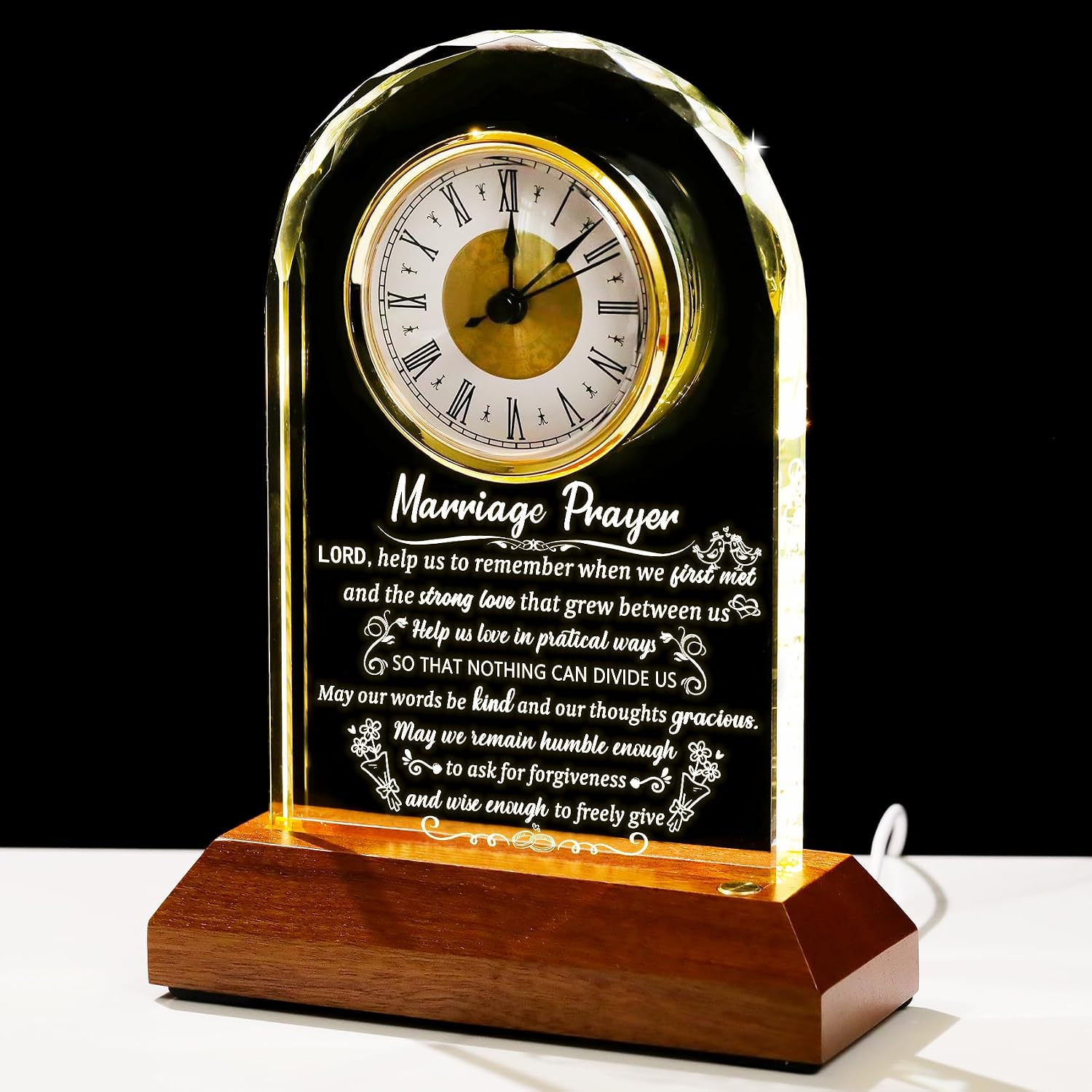 Arikyrist Glass Clock Wedding Gifts for Couples 2026 Newlyweds Gift Idea | Happy Anniversary, Marriage Prayer with Inspiring Quotes, Unique Mr and Mrs Engagement Presents, with Wooden Light Base