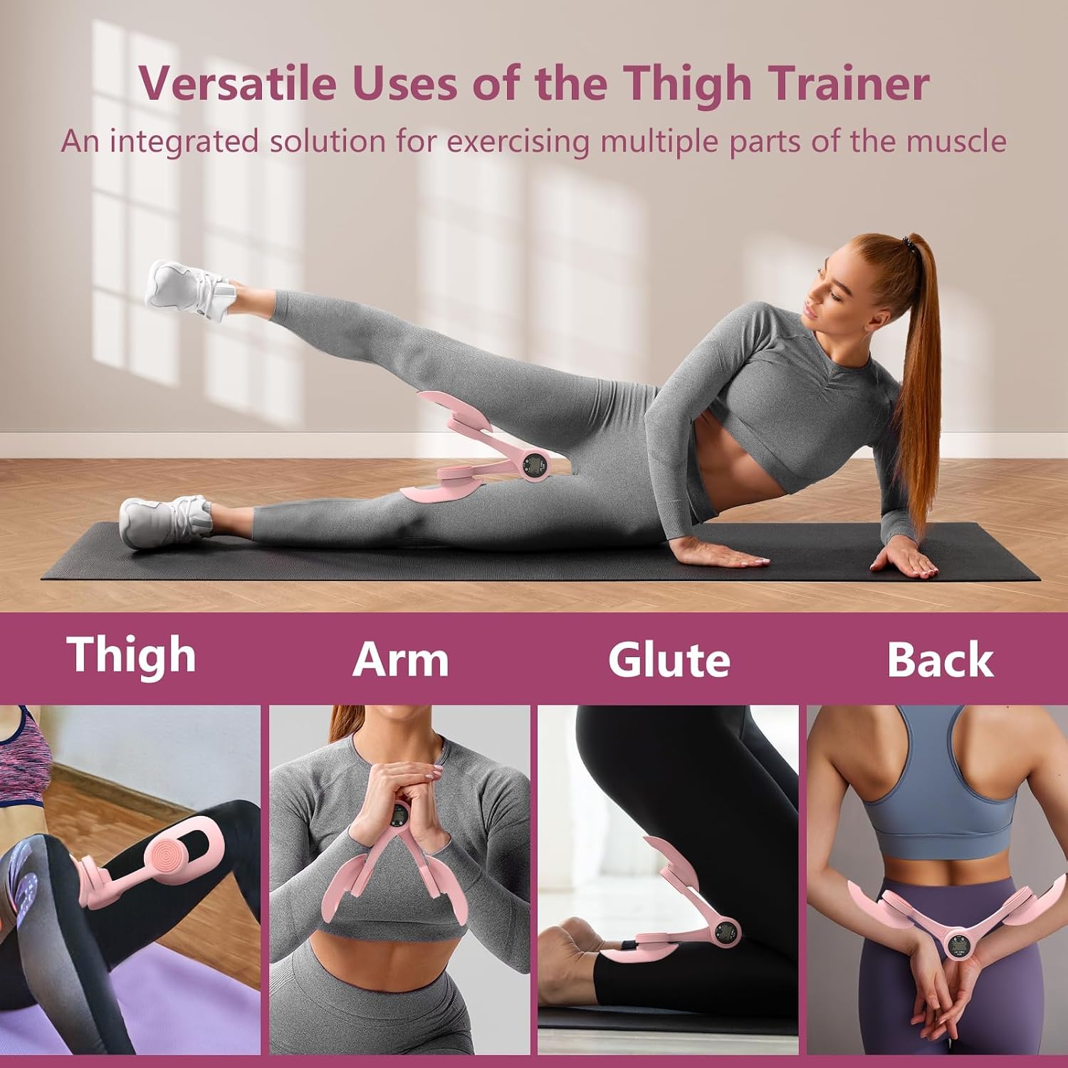 Thigh Trainer with LED Display - Pelvic Floor Trainer for Hip, Leg, Arm | 360° Adjustable Inner Thigh Exerciser with 20LB Resistance Band, Home Workout Equipment for Women, Pink - Image 2