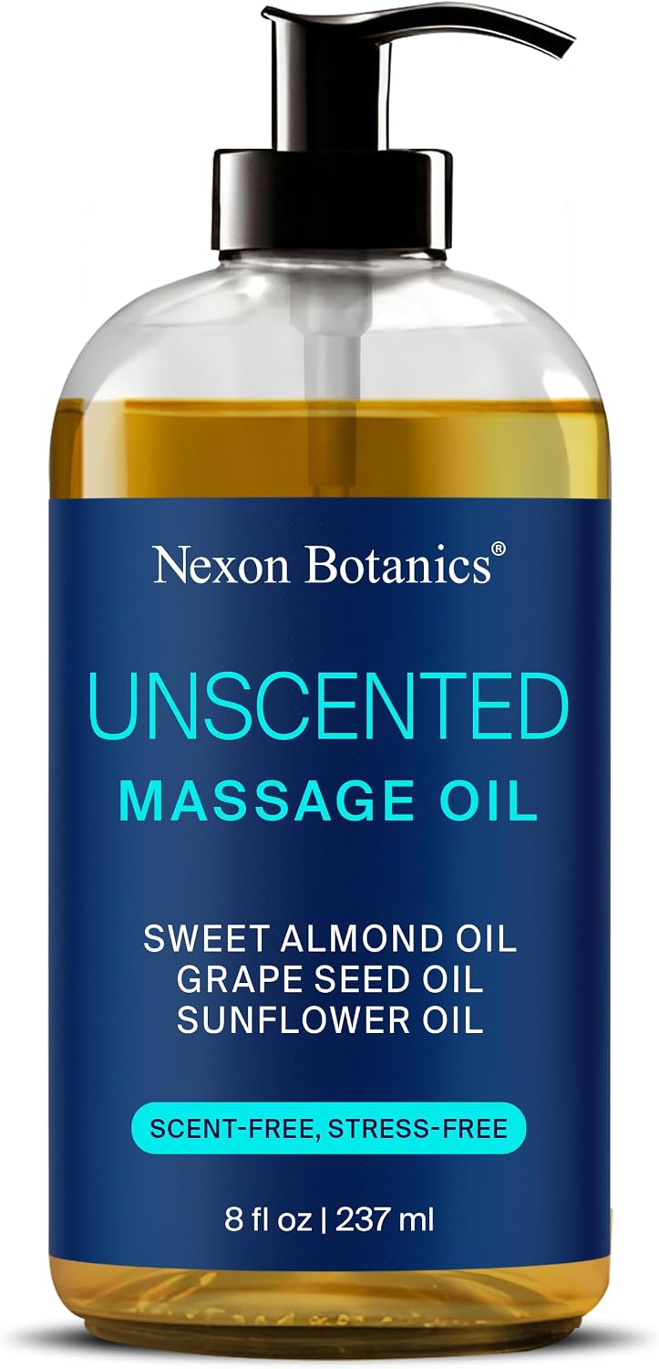 Unscented Massage Oil for Massage Therapy & Gua Sha 8 fl oz | Refreshing and Relaxing -Natural Oil Blend with Sweet Almond, Grape Seed and Sunflower Oil - Nexon Botanics