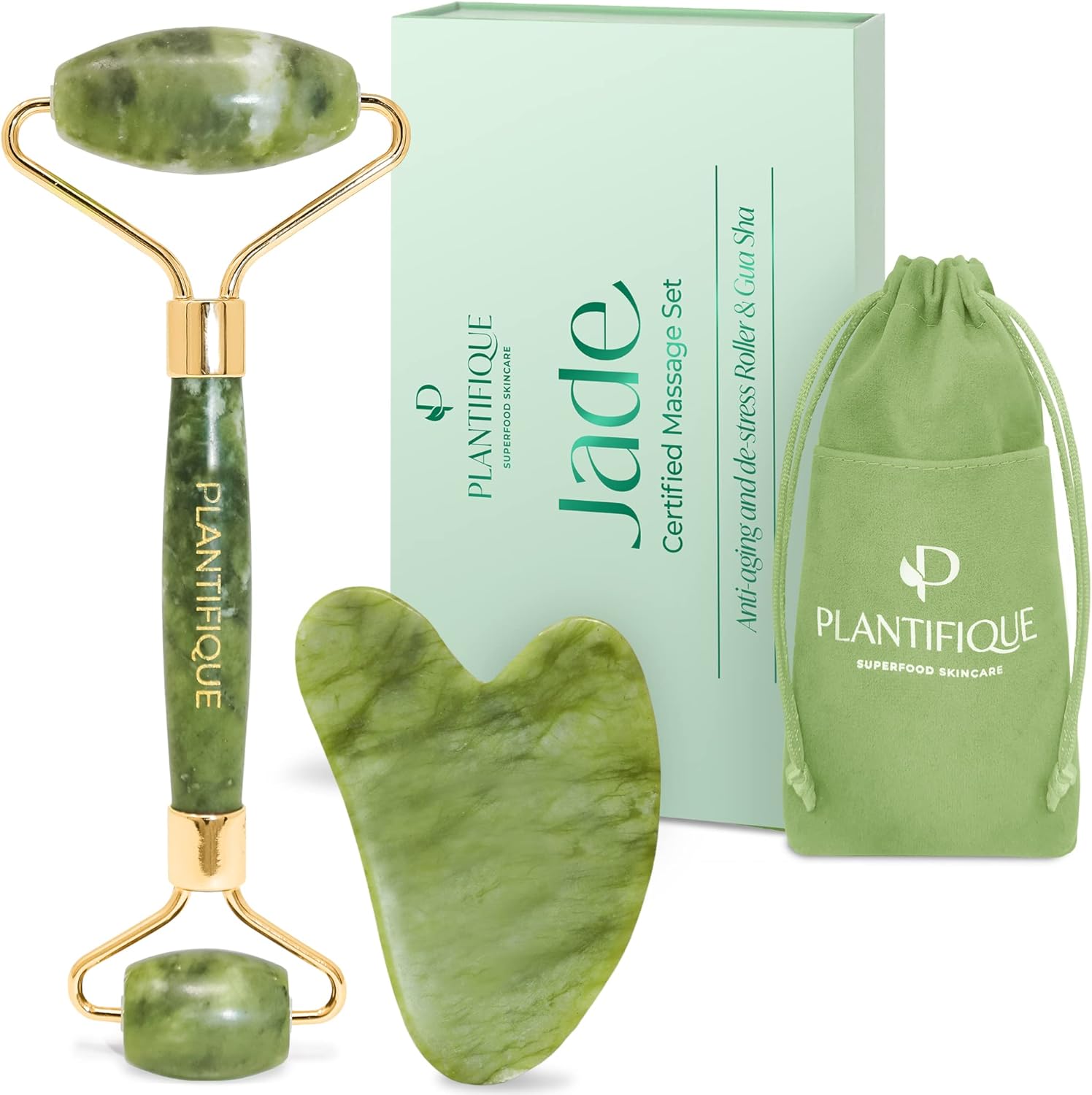 PLANTIFIQUE Jade Roller & Gua Sha Facial Tool Set, Certified Face Massager | Face Roller & Guasha Tool for Lymphatic Drainage, Face Sculpting & Jawline Shaper - Reduce Puffiness & Relieve Tension