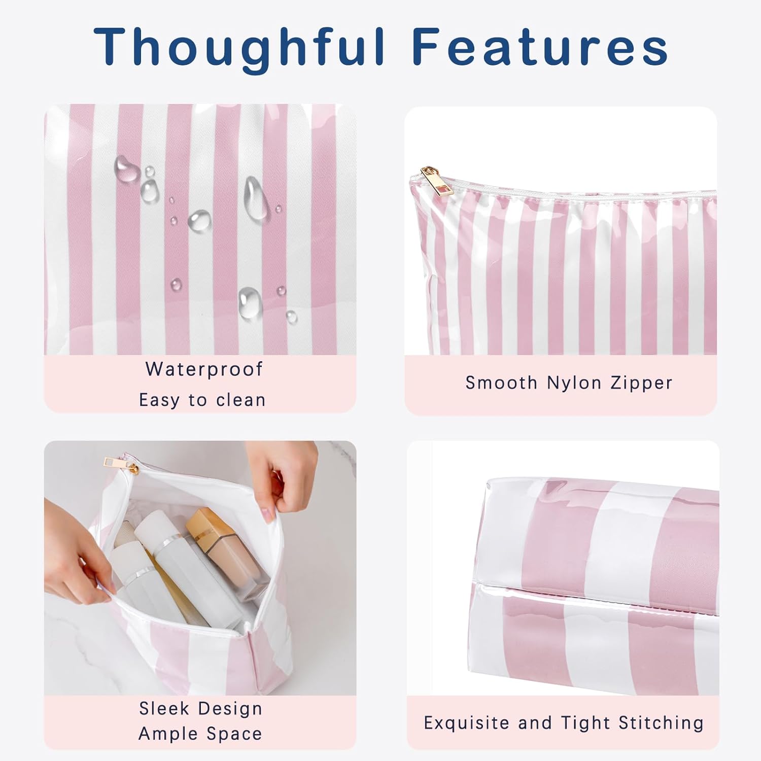 Large PVC Waterproof Striped Makeup Bag(04Pink Stripe) | Clear Coated, Easy to Clean Cosmetic Bags Travel Organizer Zipper Pouch Beach Vacation Essentials for Women Girls - Image 5