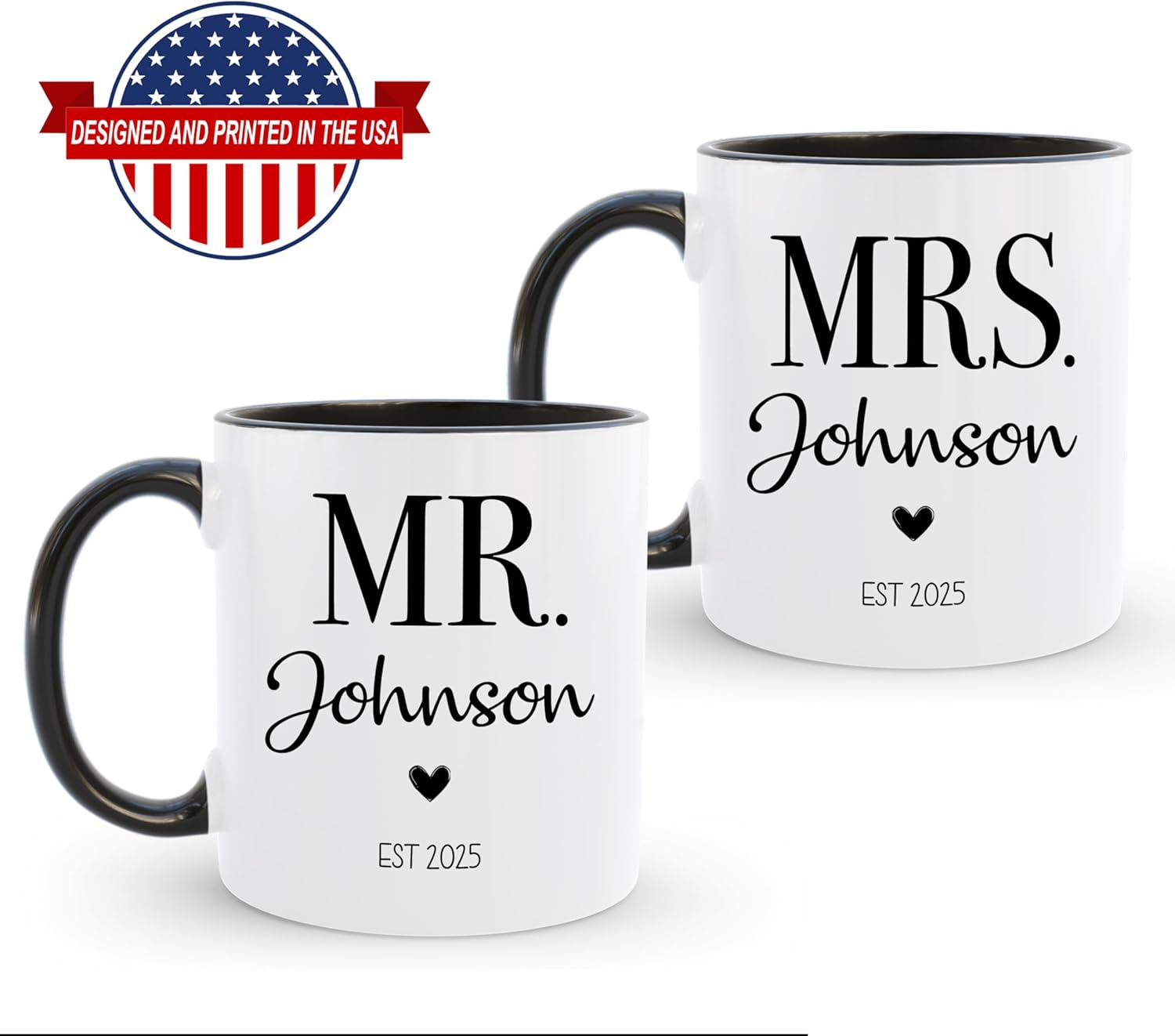 Personalized Mr & Mrs Coffee Mug Set | Customized Couple Gift Set for Engagement, Wedding, Anniversary, Valentine's Day | Custom Name Ceramic Tea Cup | 11 oz (White - Black) - Image 8