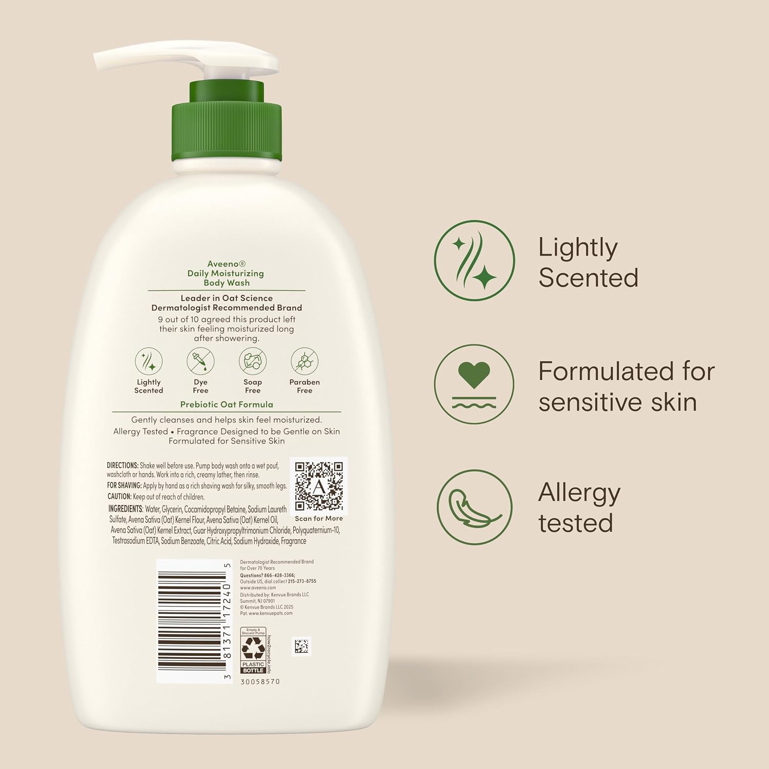 Aveeno Daily Moisturizing Body Wash for Normal to Dry Skin, Sensitive Formula with Prebiotic Oat, Gently Cleanses Dry Skin, Lightly Scented Body Wash for Women and Men, Value Size 33 fl. Oz - Image 9