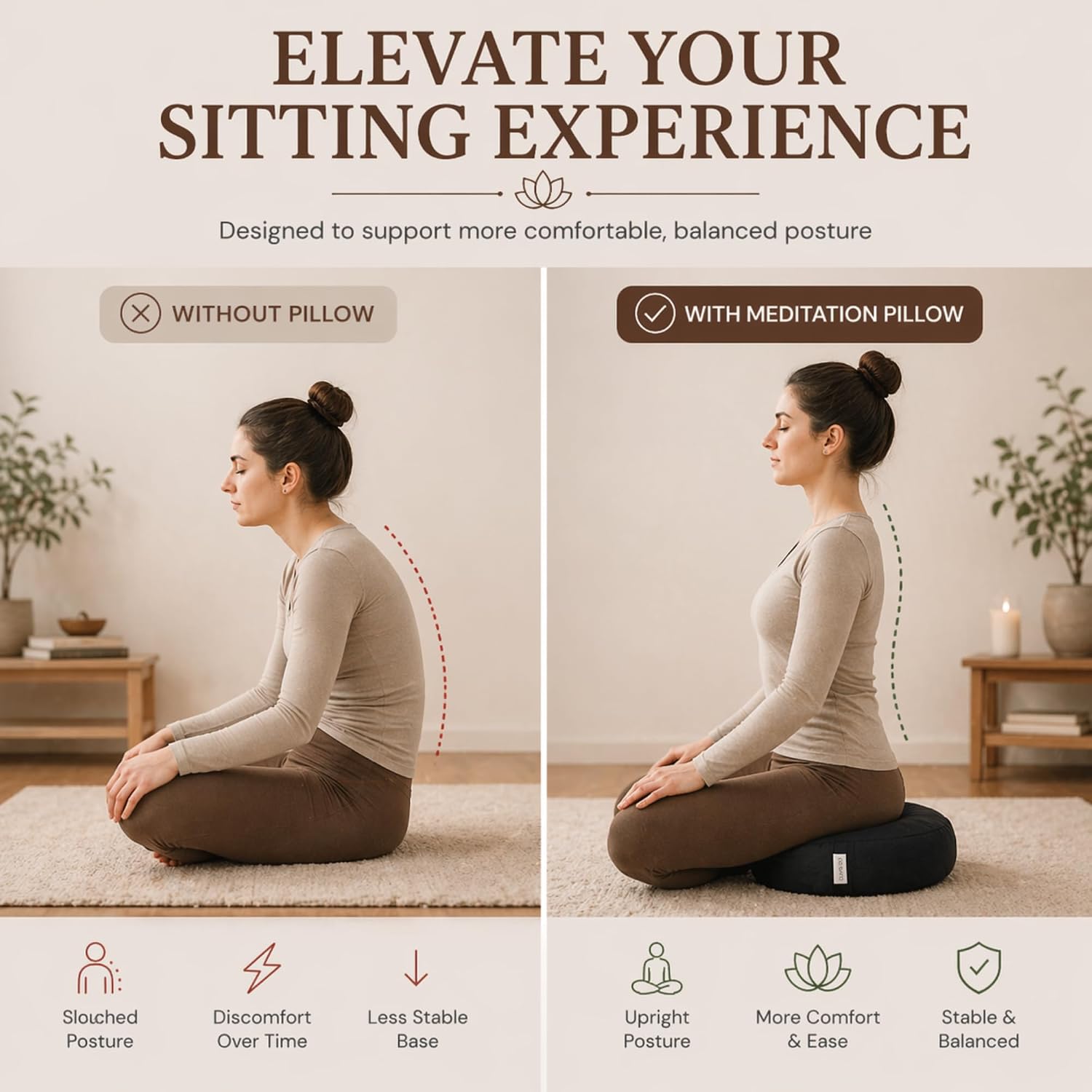 Meditation Cushion - 15" Buckwheat Pillow with Removable Cotton Cover and Carry Handle - Round Floor Cushion for Yoga, Meditation, Pilates, and Floor Sitting - Meditation Pillow by Cuvered - Image 8