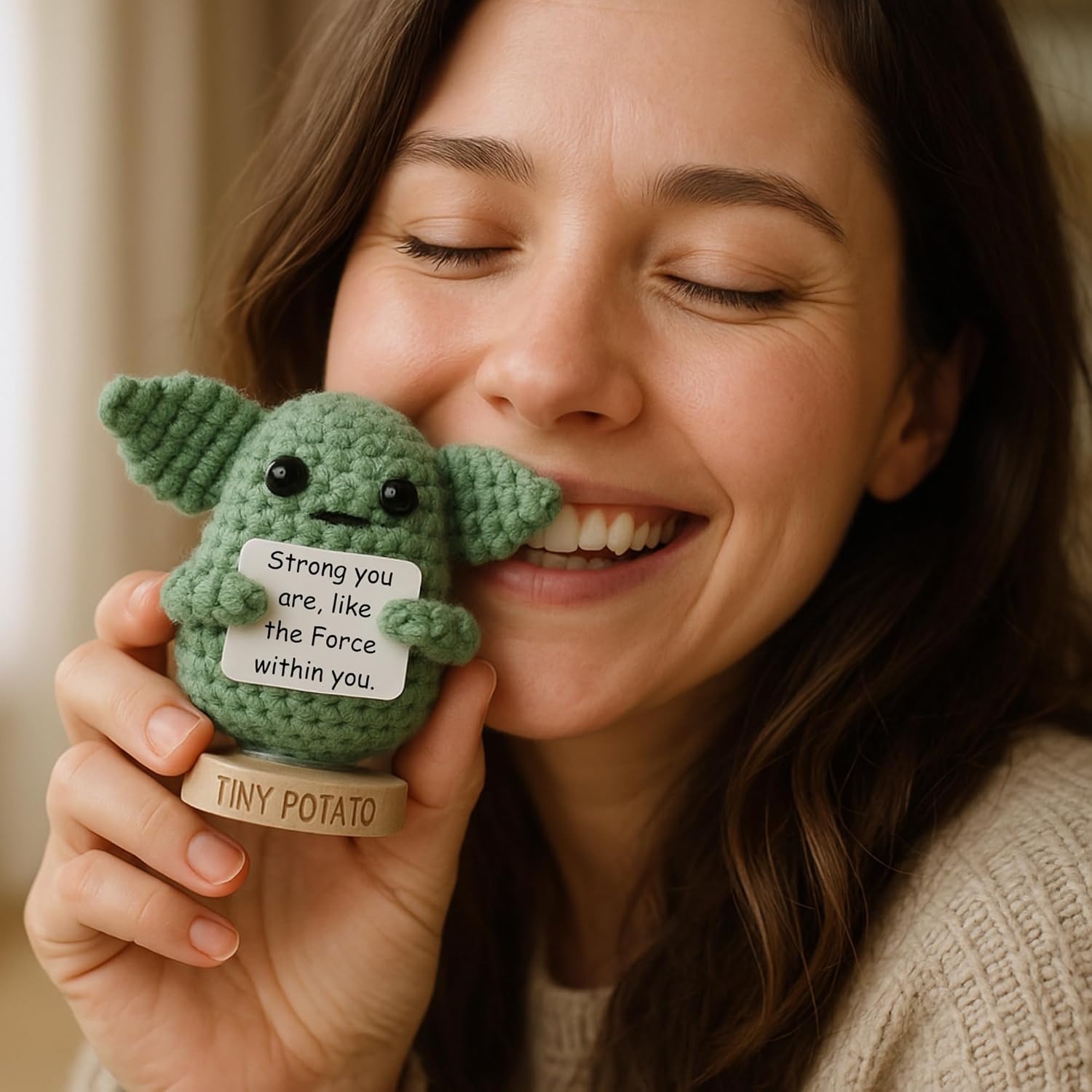Star Wars Gifts | Handmade Baby Yoda Positive Crochet W/ 30 Fun Affirmations | Gift for Birthday, Emotional Support | Starwars Birthday Decorations for Men, Women | Star Wars Office Desk Decor - Image 7