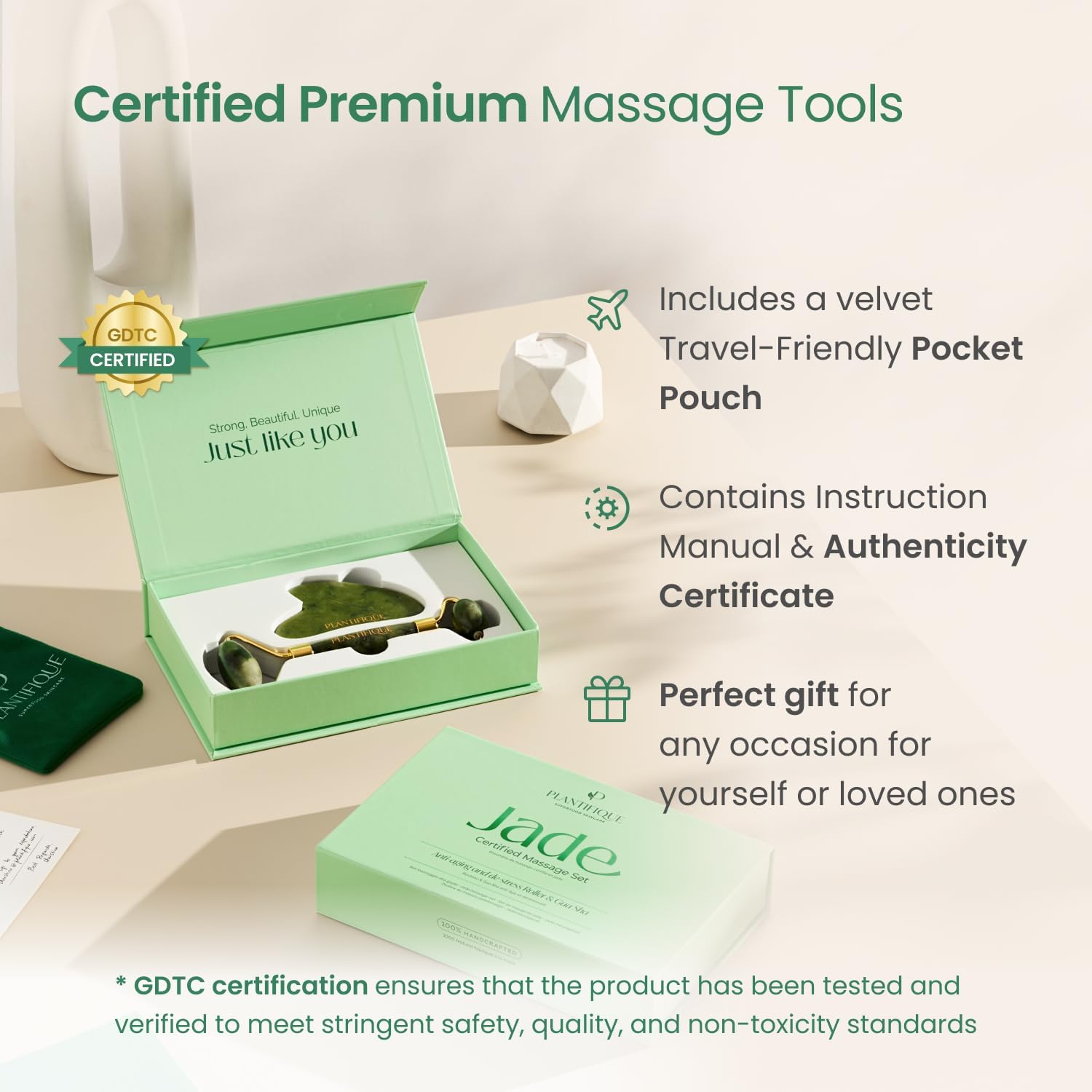 PLANTIFIQUE Jade Roller & Gua Sha Facial Tool Set, Certified Face Massager | Face Roller & Guasha Tool for Lymphatic Drainage, Face Sculpting & Jawline Shaper - Reduce Puffiness & Relieve Tension - Image 6
