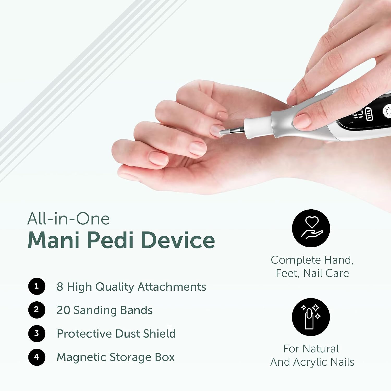 PediLux Pro Professional Manicure Pedicure Kit, Cordless Electric Nail File Drill Set, Thick Toenail Grinder, Toe Nail Dremel Tools, Filer, Buffer, Sander, Remove Cuticles, Callus for Men & Women - Image 7