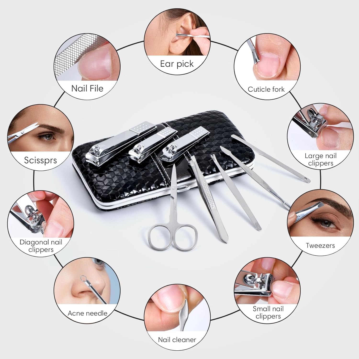 Yougai Manicure Set 18Pcs Stainless Steel Nail Clippers Set with Case Black | Professional Manicure Kit, Fingernail Toenail Cutters for Men & Women, Pedicure Kit Foot Care, Gift for Family & Friends - Image 4