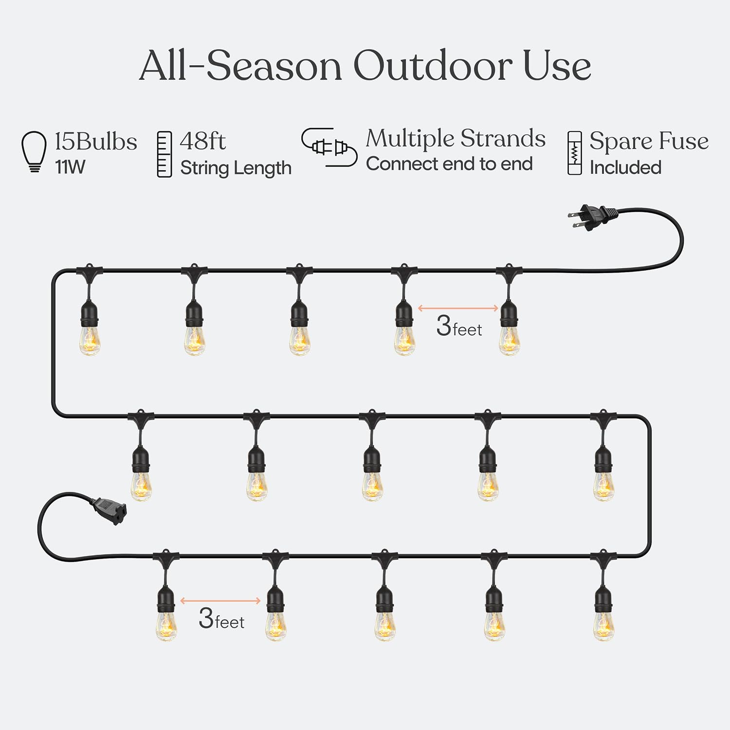 Brightech Ambience Pro Incandescent Outdoor String Lights - Commercial Grade Waterproof Patio Lights with 48 Ft Dimmable Edison Bulbs, Porch String Lights for Patio, Backyard - 15 Bulbs 11W - Image 3