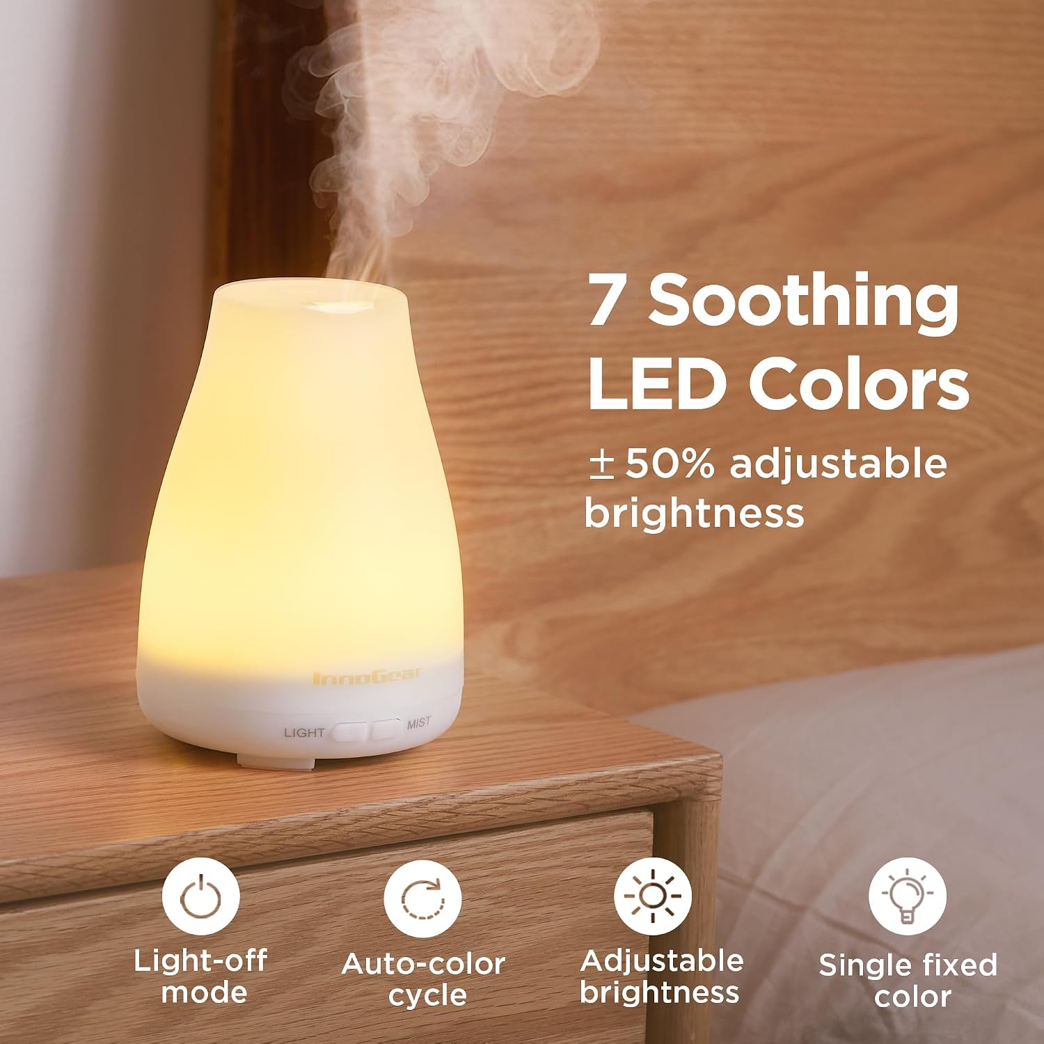InnoGear Essential Oil Diffuser Ultrasonic Diffusers for Home, Basic White | Cool Mist Humidifier, Aromatherapy, Large Room, Run up to 8hrs, Waterless Auto Off, 7 Lights, Living Room, Quiet Operation - Image 5
