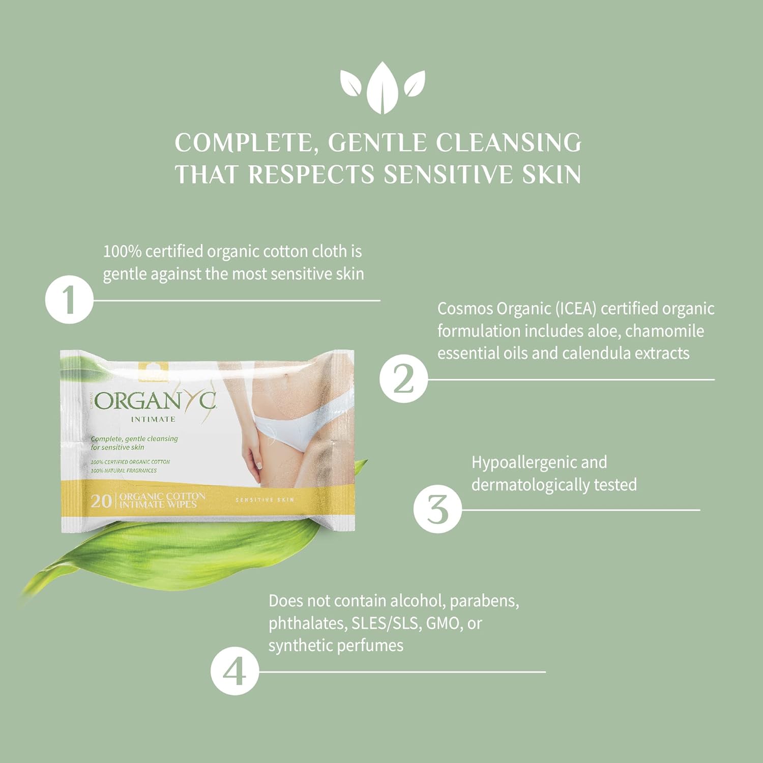 Organyc - Made with Organic Cotton Intimate Wet Wipes For Sensitive Skin, pH Balanced, No Parabens, Alcohol, or Chlorine, 20 Count (Pack of 1) - Image 4