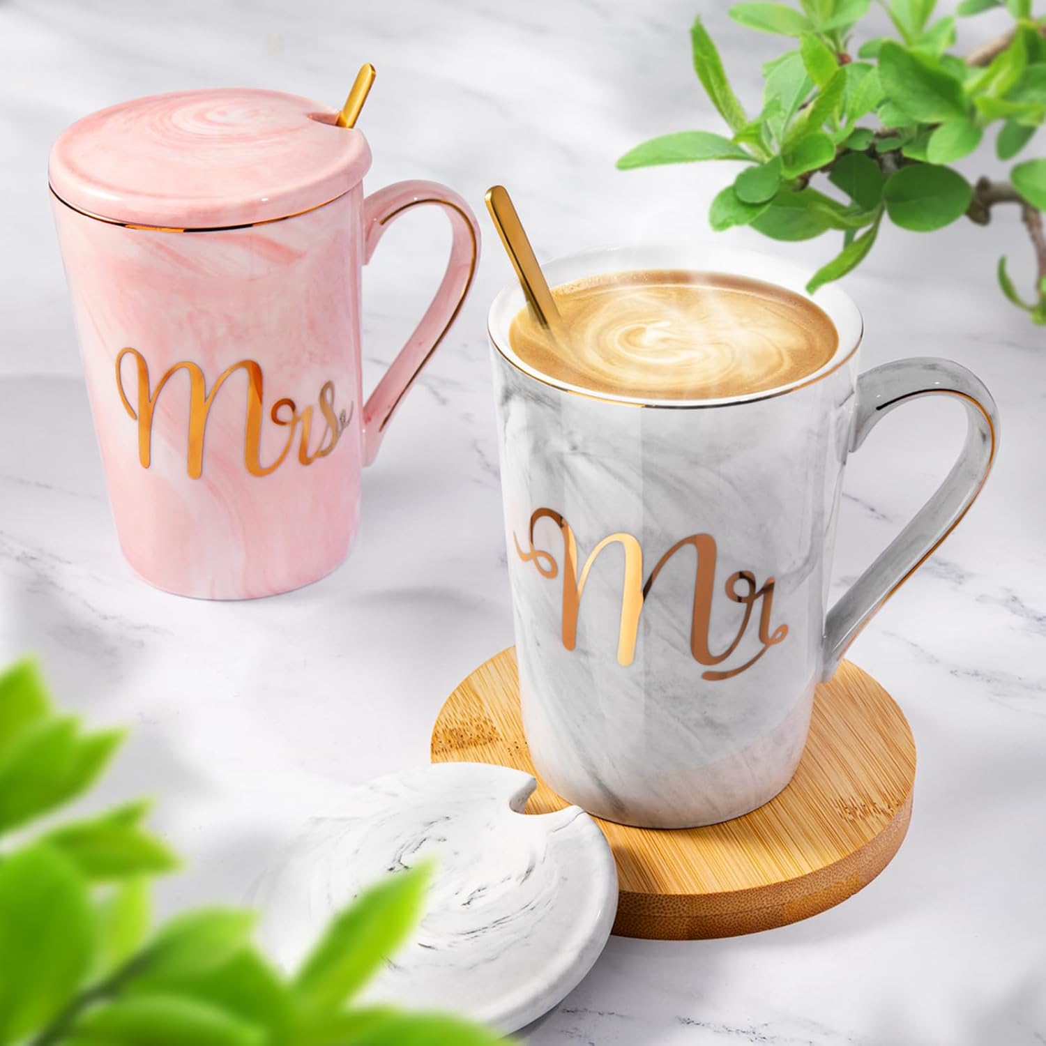 Biching Wedding Gifts for Couples 2026, Bridal Shower Engagement Gift | Gifts for Anniversary Bride and Groom, 14oz Ceramic Mr and Mrs Mug Set with Real Gold Foil, Greeting Card, Gift Box - Image 5