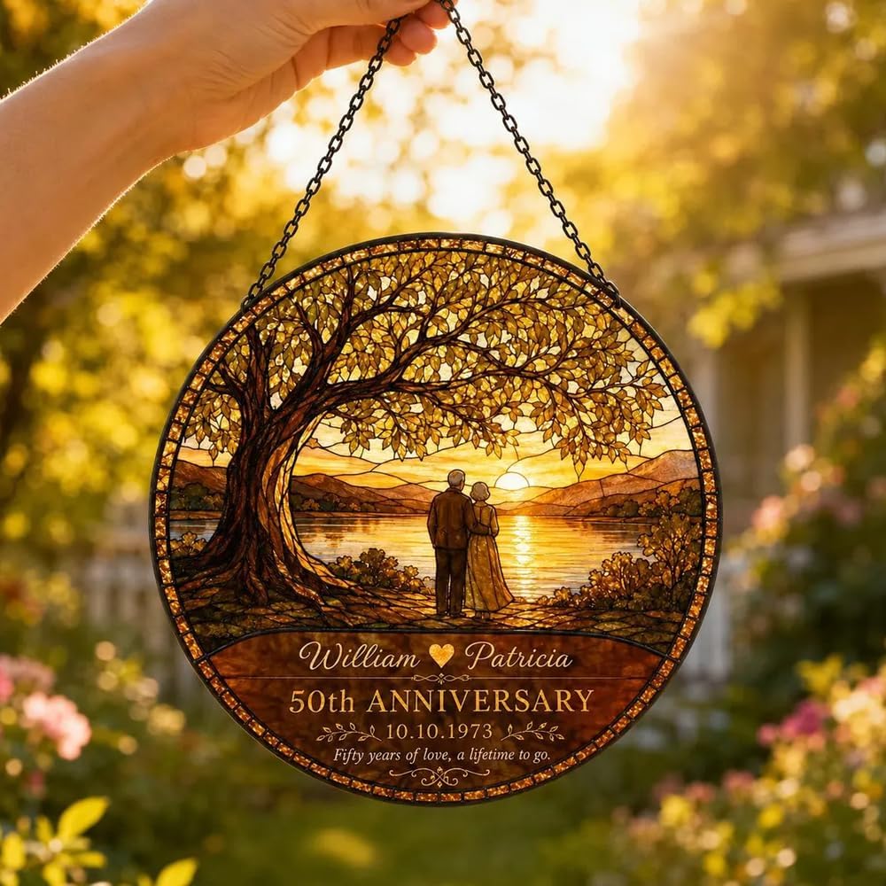 Personalized 50th Wedding Stained Glass Sun Catcher, Custom Names Date Window Hanging Decor, Golden Celebration Keepsake for Parents Home - Image 3