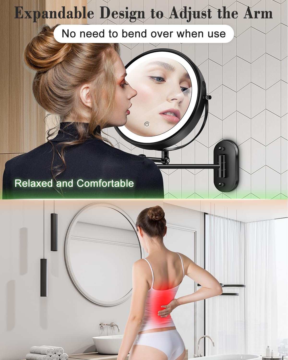 9'' 30X/1X Wall Mounted Height Adjustable Lighted Magnifying Makeup Mirror | 5000mAh Rechargeable Bathroom Mirror with 3 Color Modes Light, Extended Arm Space Saving for Apartment, Hotel, Rental House - Image 7
