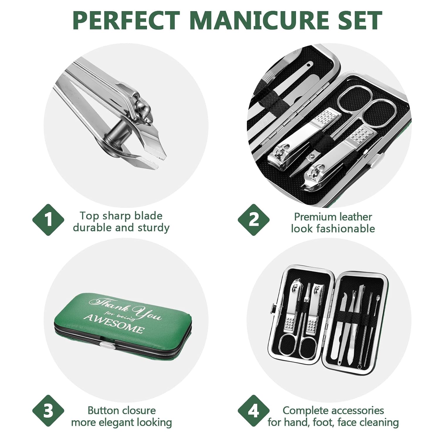 Therwen 24 Sets Manicure Set Stainless Steel Nail Clippers 8 in 1,Green | Grooming Nail Kit, Employee Appreciation Gift, Thank You Professional Pedicure Tool, for Women Men Coworker - Image 4