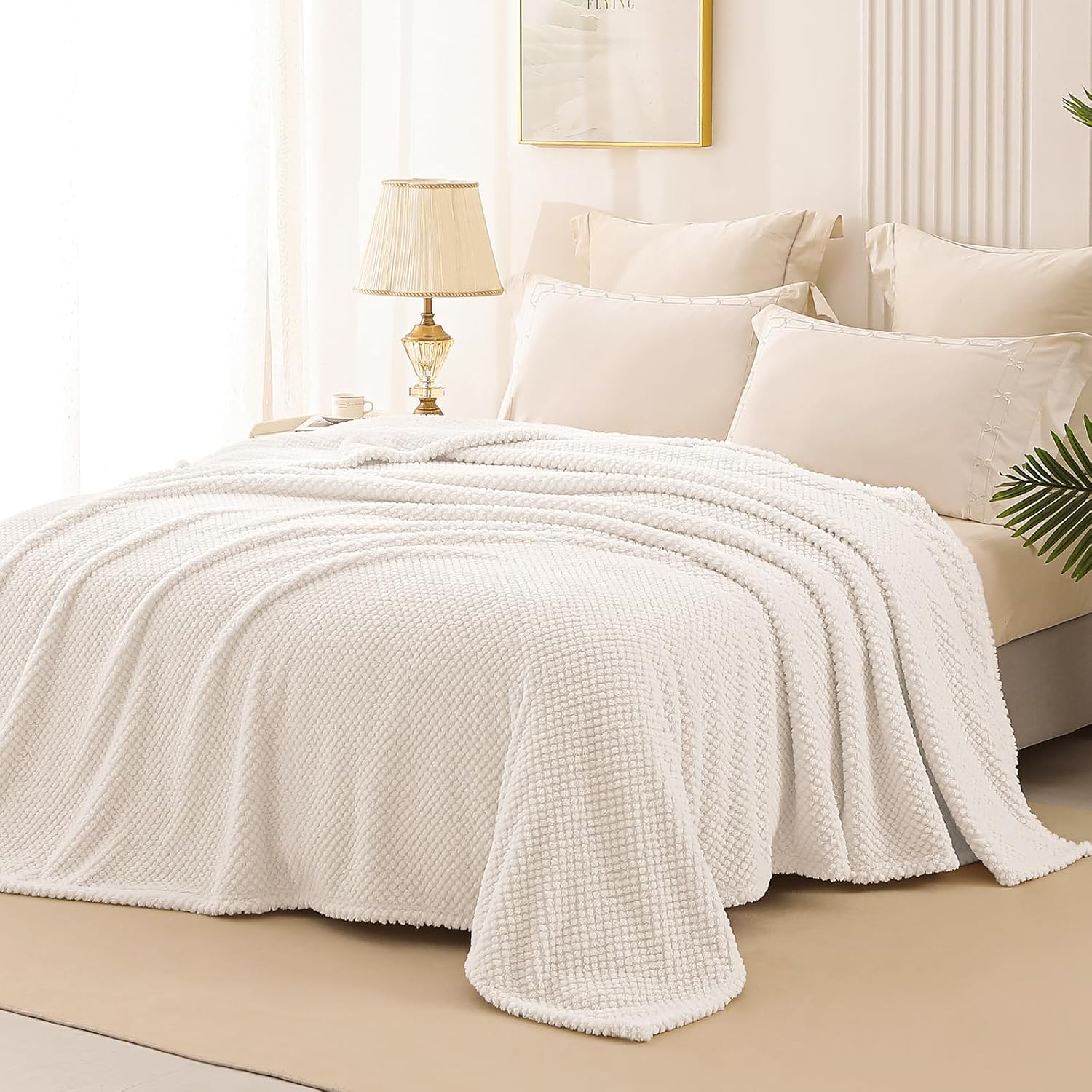 Whale Flotilla Soft Fleece Queen Size Bed Blanket, Ivory | 90x90 Inch, Suitable for Bed, Fluffy Fuzzy Jacquard Blankets for All Season, Lightweight and Cozy - Image 4
