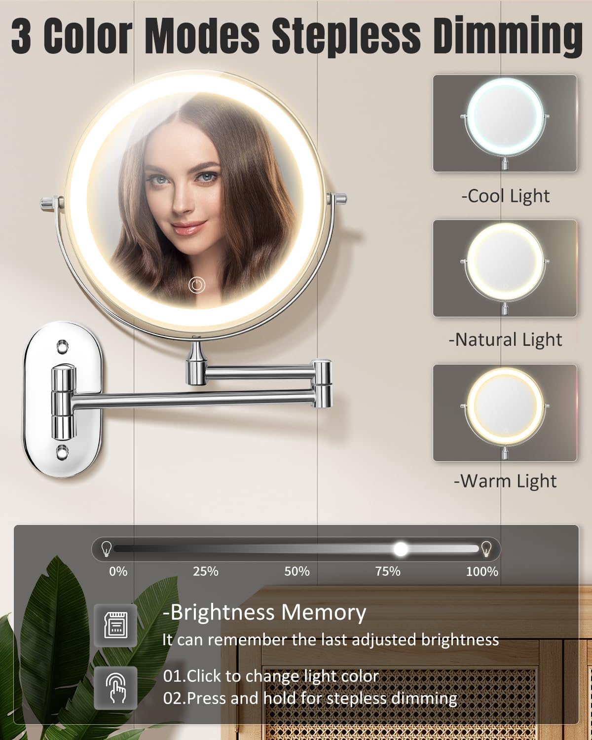 VFD 8'' 30X/1X Wall Mounted Lighted Magnifying Makeup Mirror with Lights | Double Sided Rechargeable Bathroom Mirror, 3 Color Lights Touch Dimmable Extended Arm 360 Rotation Light up Mirrors - Image 3