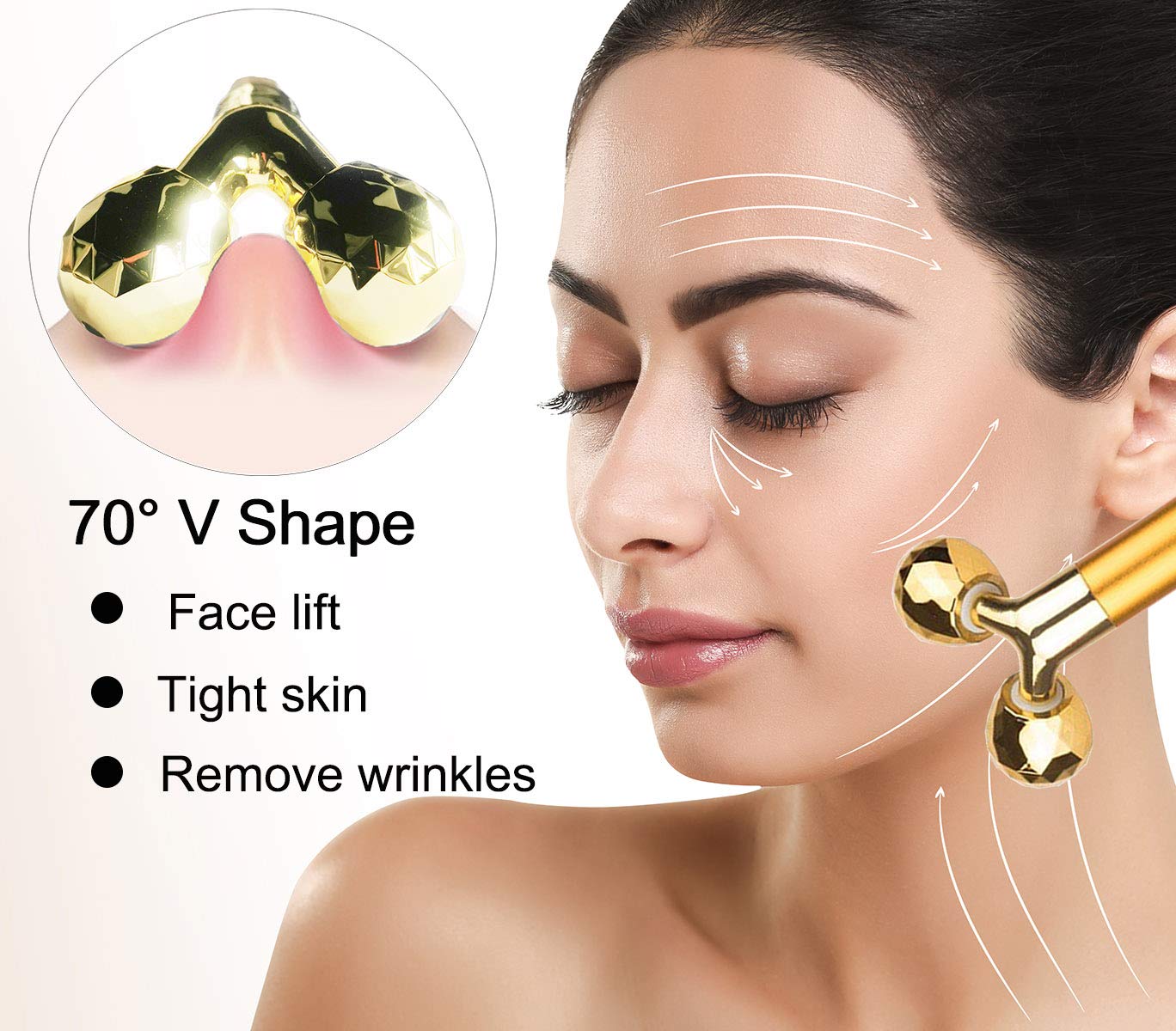 Face Massager Facial Roller Kit | Electric, Golden 3D V Type Facial Roller and T Shape Massager with Gentle Vibration, for Lymphatic Drainage Skincare Ritual - Image 7