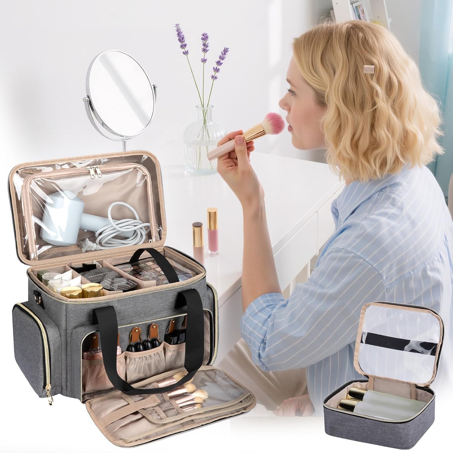 GDNasist Large Makeup Bag, Portable Travel Makeup Bag Organizer | Cosmetic Travel Bag for Women Girls with 2 Removable Pouches & Detachable Dividers, Toiletry Bag for Makeup and Hair Supplies - Image 5