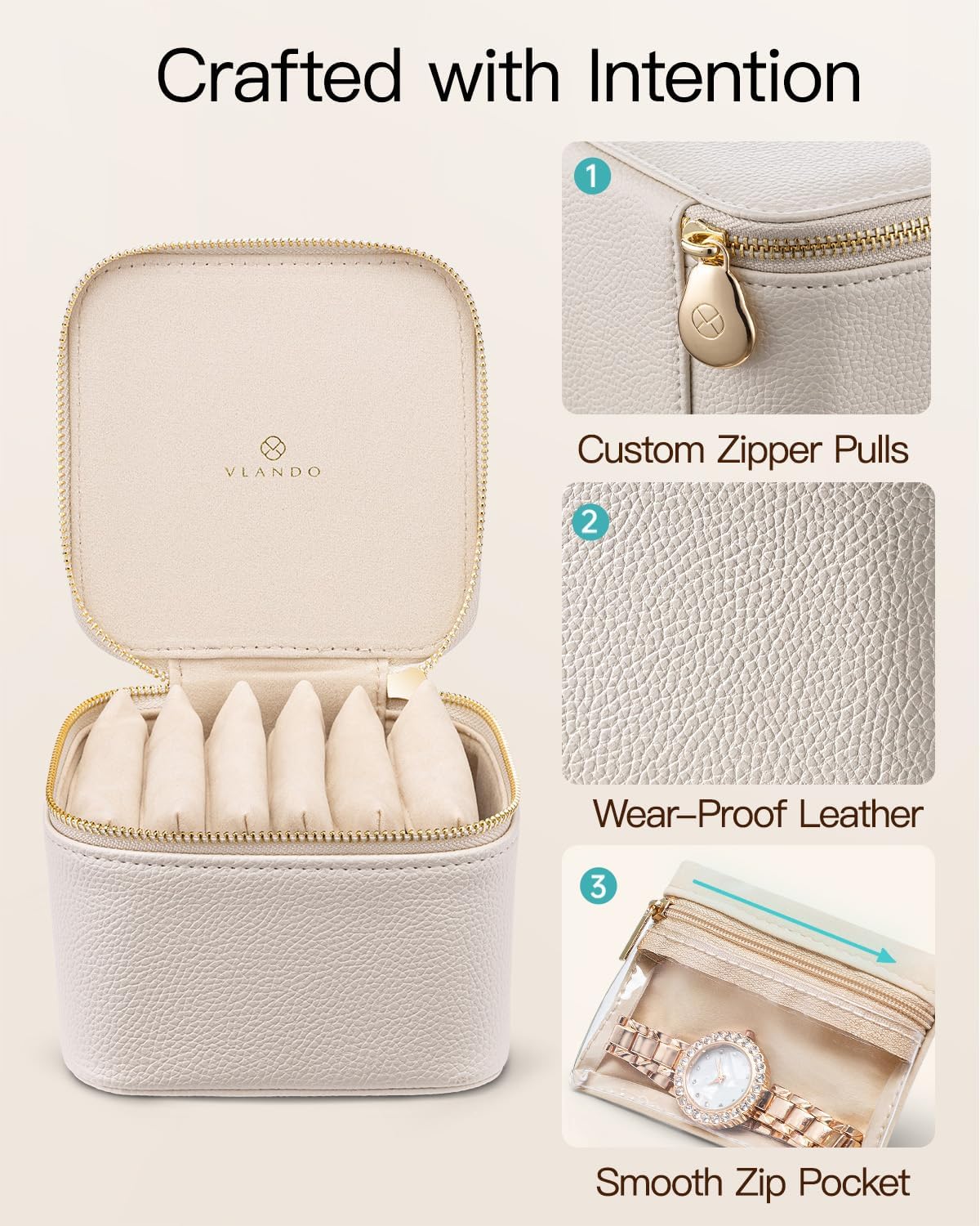 VLANDO Jewelry Organizers and Storage with Clear 6 Velvet Bags,White | Premium Petal Hardware,Fits Handbags Well,Rings and Chains, Women,Holidays,Bridesmaid Gifting - Image 3