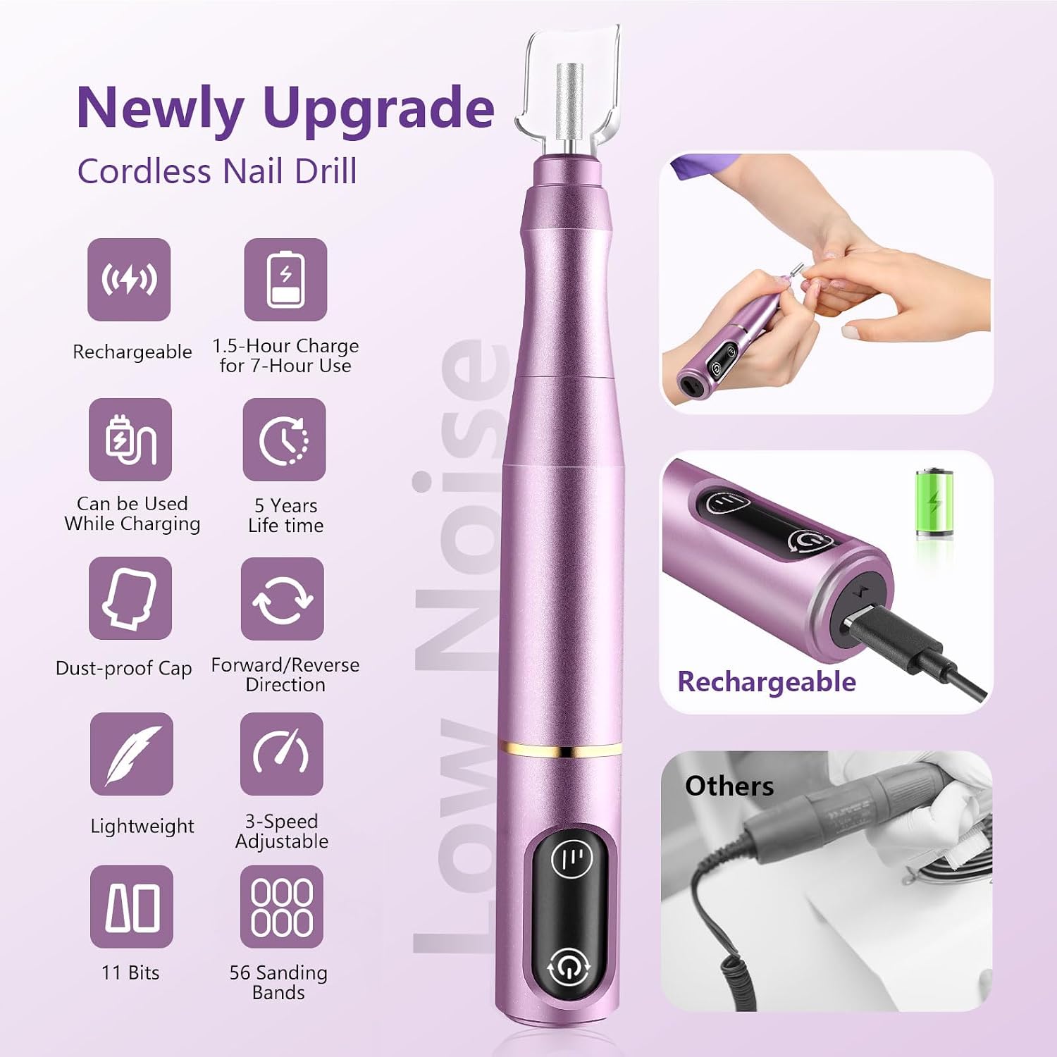 TUOBEO Cordless Nail Drill Electric Nail File Kit, Rechargeable Efile Set | Portable Acrylic Gel Nail Polish Remover Machine, Pedicure Manicure Tool, 11 Bits, 56 Sanding Bands, Salon Home, Purple - Image 4