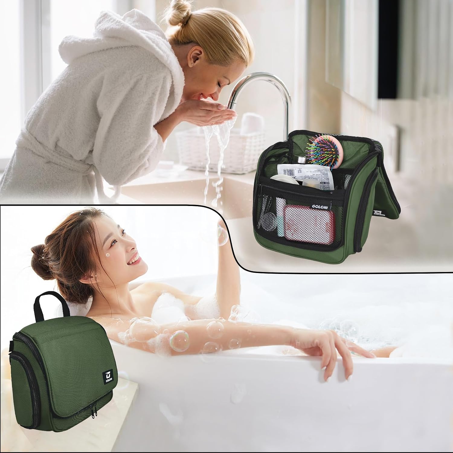 Hanging Toiletry Bag, 10 Compartments Water-Resistant Makeup Bag with 360° Spinning Metal Hook, Large Travel Cosmetic Organizer for Men & Women, Green (7.05oz) - Image 7