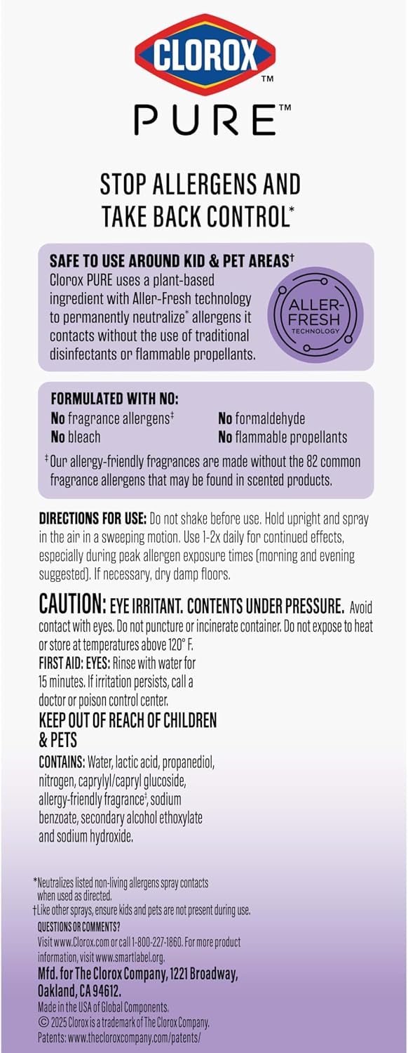 Clorox PURE Allergen Neutralizer Daily Air Spray, Nighttime Calm, 8 oz. | Air Spray for Home, Neutralizes Pet Dander, Dust Mite Matter & Pollen, Developed with Allergists, Allergen-Friendly Fragrance - Image 15