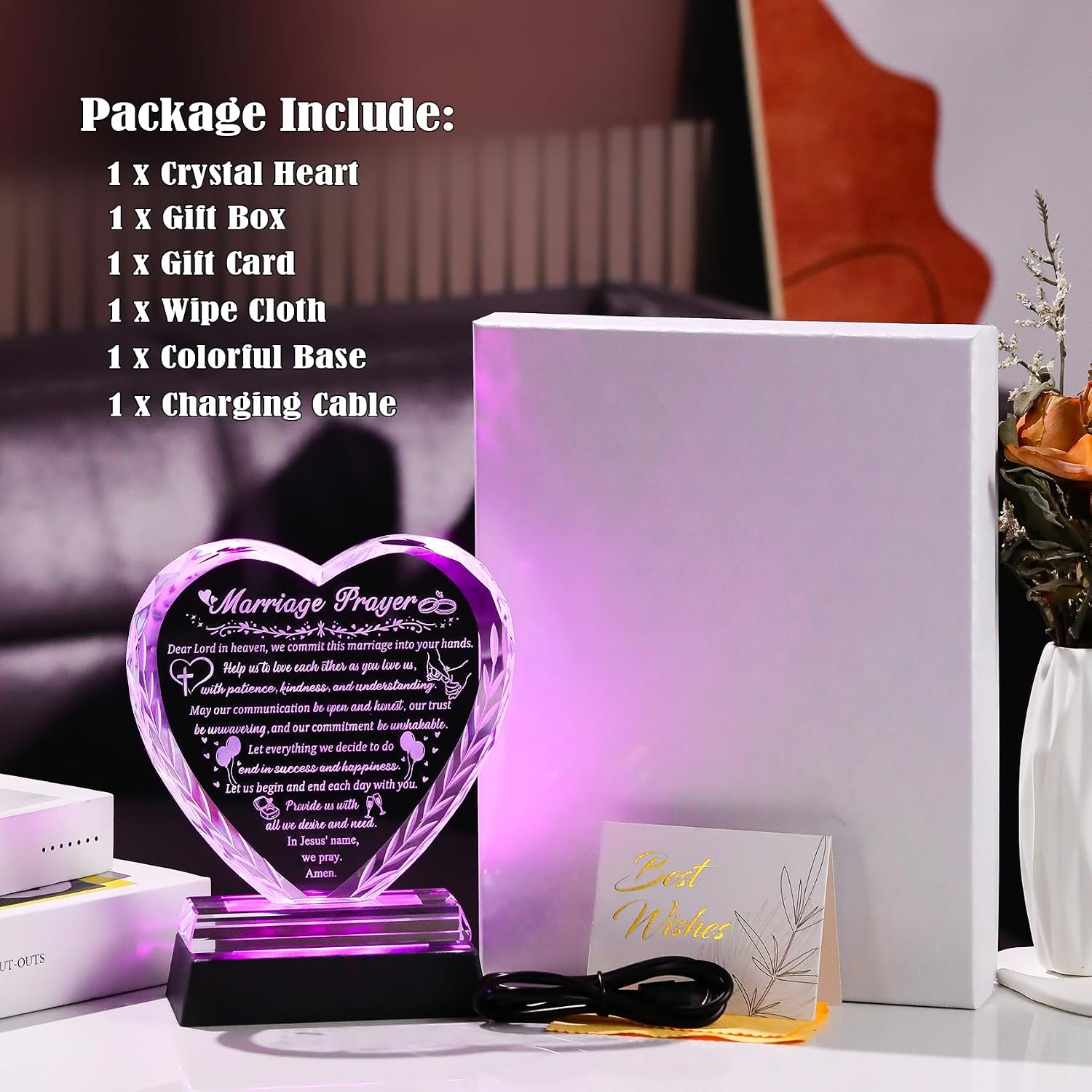 Arikyrist Crystal Heart Wedding Gifts for Couple 2026 Newlyweds | LED Light Base, Happy Anniversary Marriage Engagement Prayer Plaque with Inspiring Quotes, Mr and Mrs Bridal Shower Gift Idea - Image 6