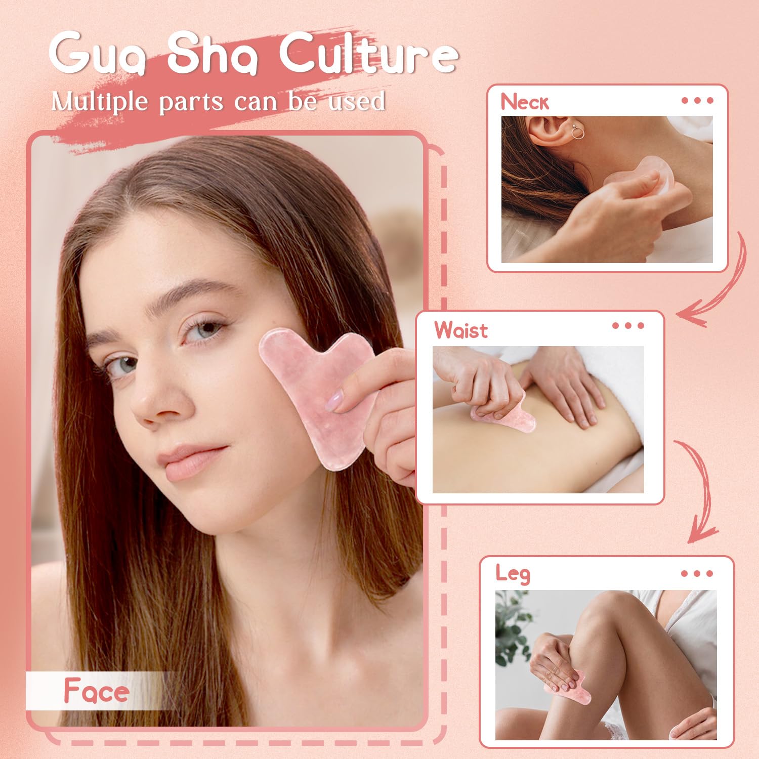 Rose Quartz Gua Sha Facial Tool, 100% Genuine Guasha Stone | Face Massage Tool, Naturally Cooling, Heart-Shaped, Jawline Sculptor, Face, Neck & Body, Ideal Daily Skincare Gift - Image 3