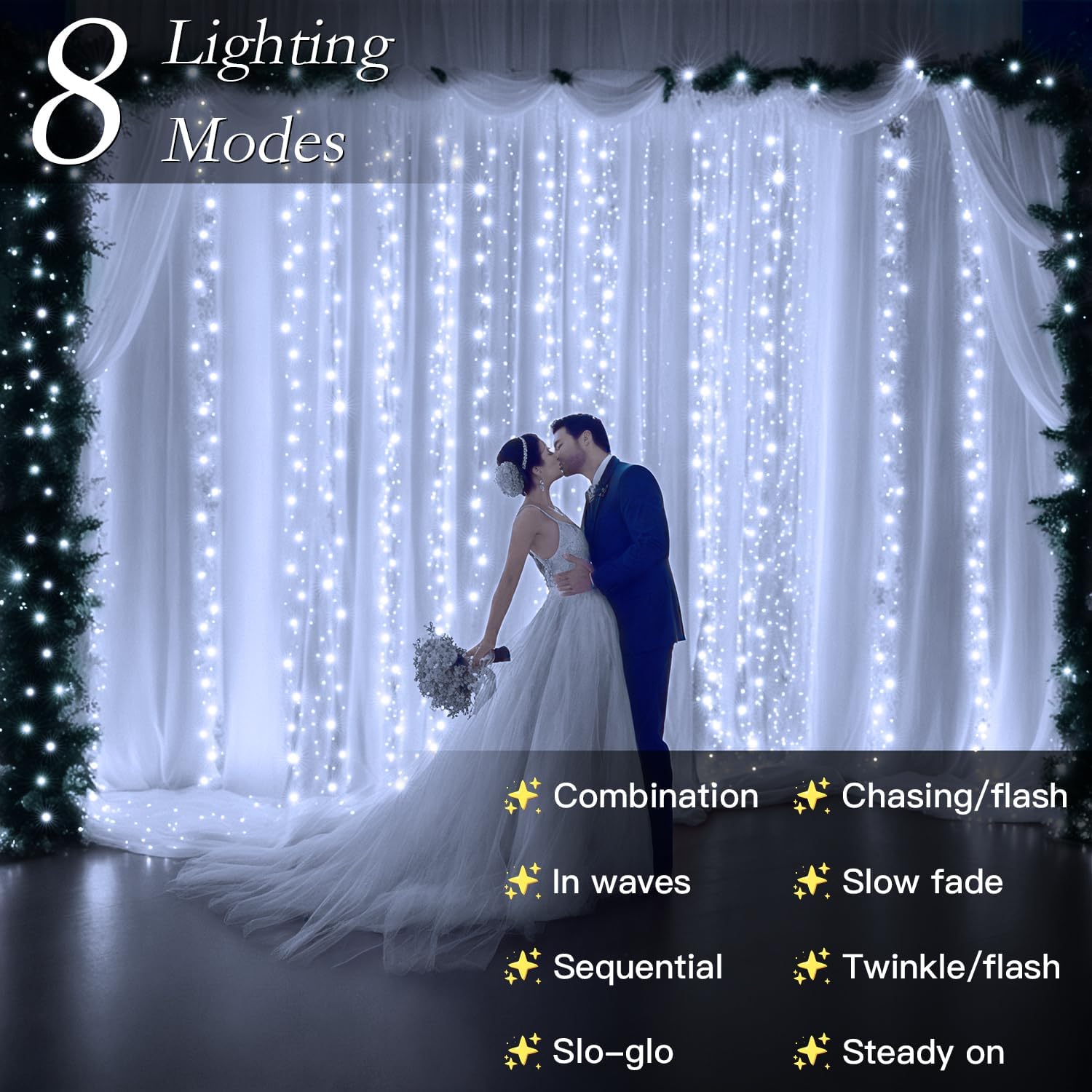 300 LED Cool White Curtain String Lights 9.8x9.8FT Plug in Fairy Lights with 9 Hooks Dimmable Timer & 8 Modes IP44 Waterproof Bedroom Office Wall Wedding Backdrop Christmas Indoor Outdoor Decor - Image 4