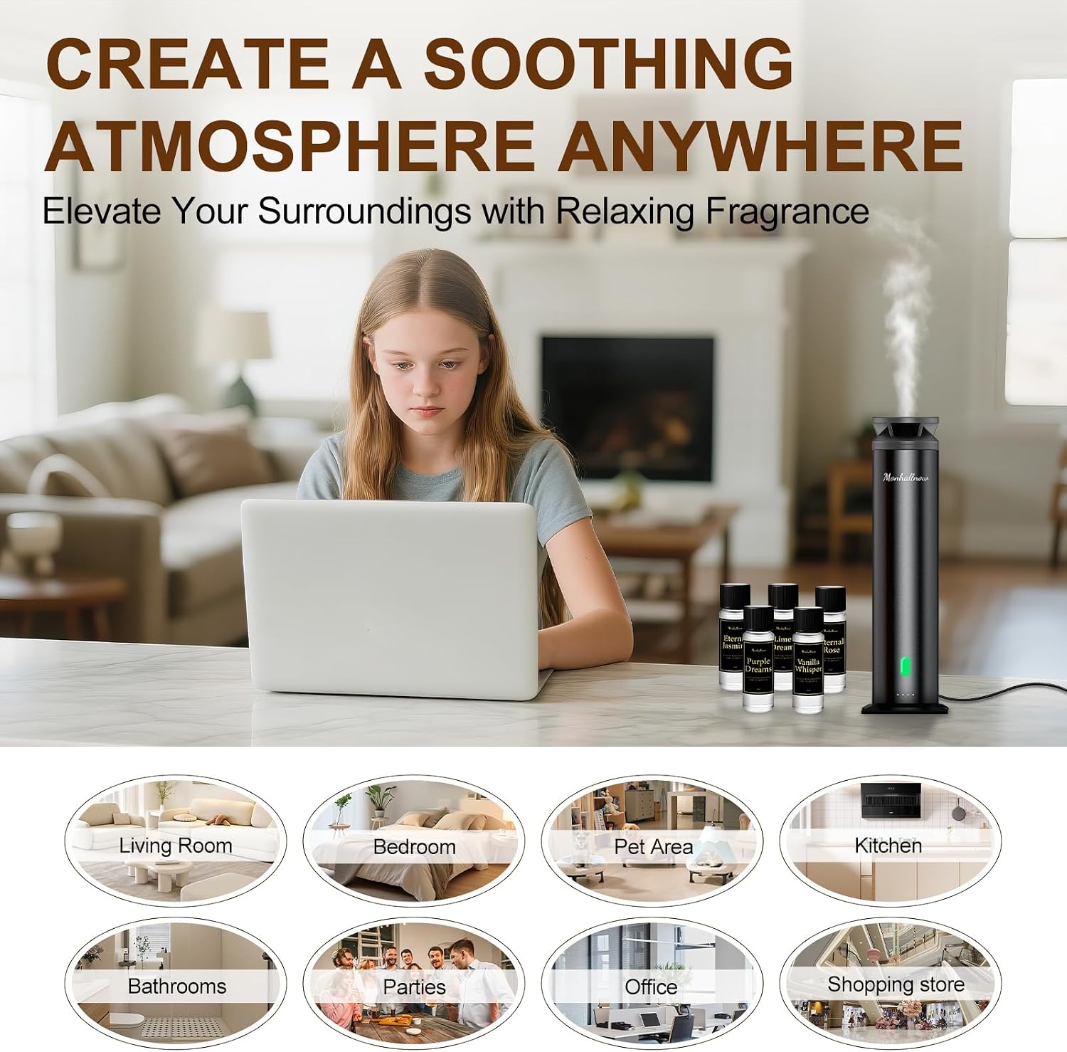 Waterless Scent Diffuser Starter Kit – 1000 Sq Ft Coverage, Suitable for Home & Hotel Series Diffuser, Includes 5 Scent Oils, Remote Control, Large Room Essential Oil Diffuser, Ultra Black - Image 8