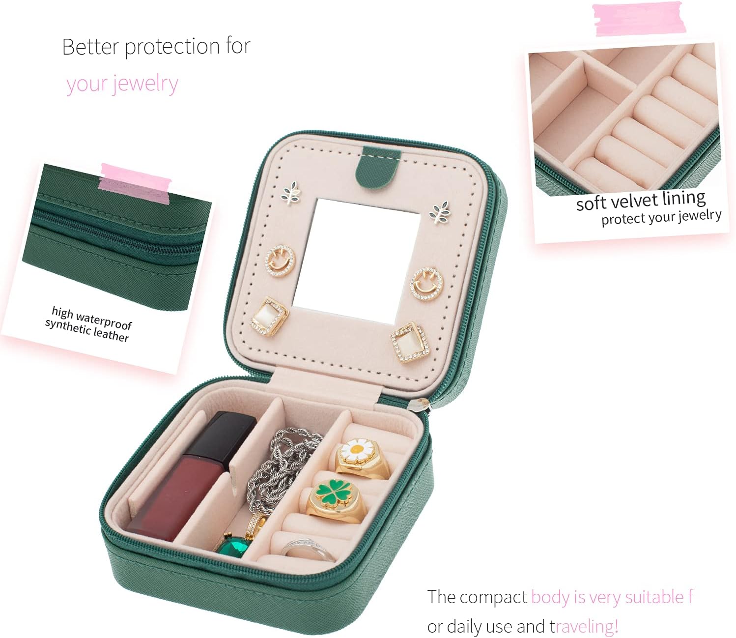 KElofoN Travel jewelry case Travel jewelry box Travel Jewelry Organizer Small box Gift for Girls Women with Mirror(Green) - Image 3