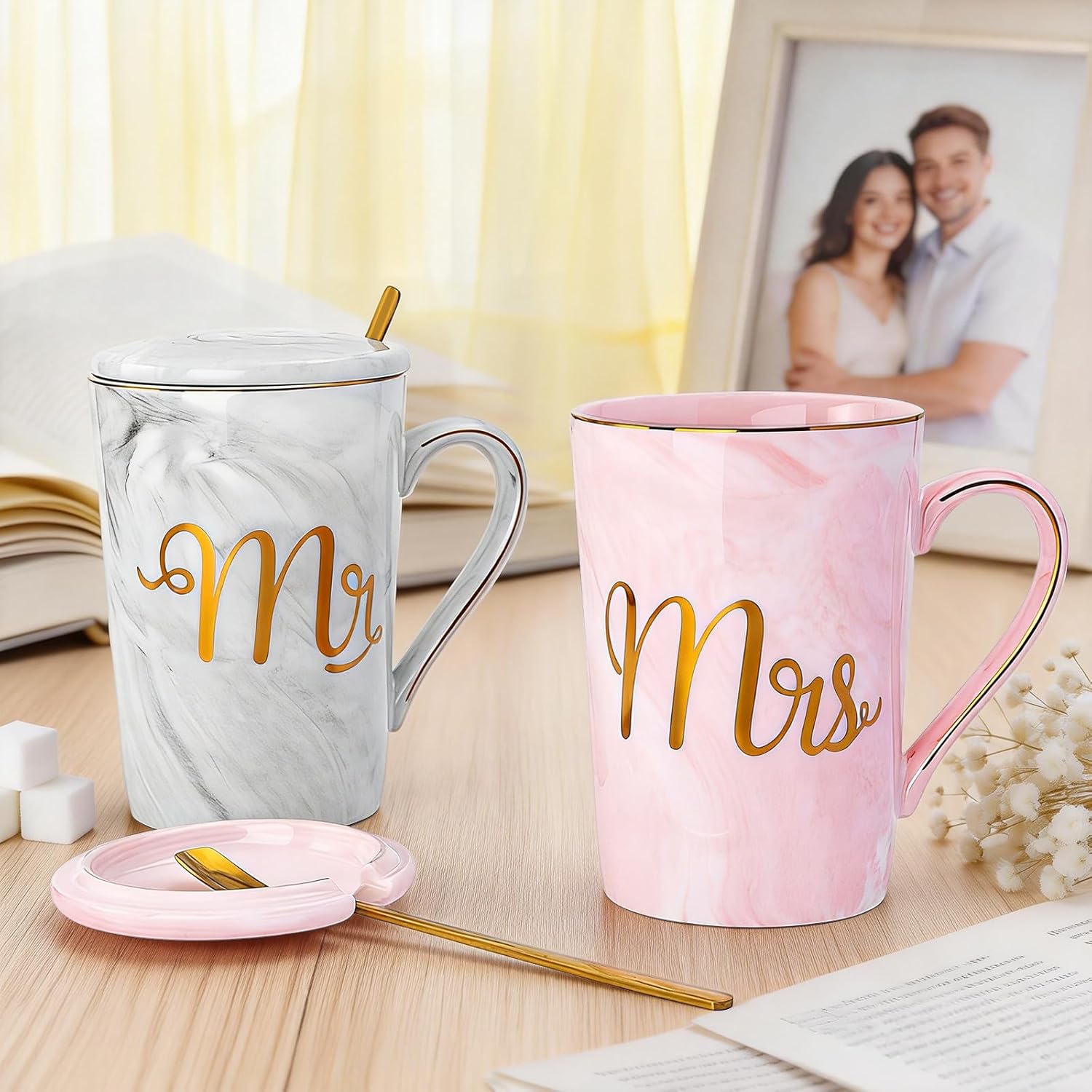 Biching Wedding Gifts for Couples 2026, Bridal Shower Engagement Gift | Gifts for Anniversary Bride and Groom, 14oz Ceramic Mr and Mrs Mug Set with Real Gold Foil, Greeting Card, Gift Box - Image 7