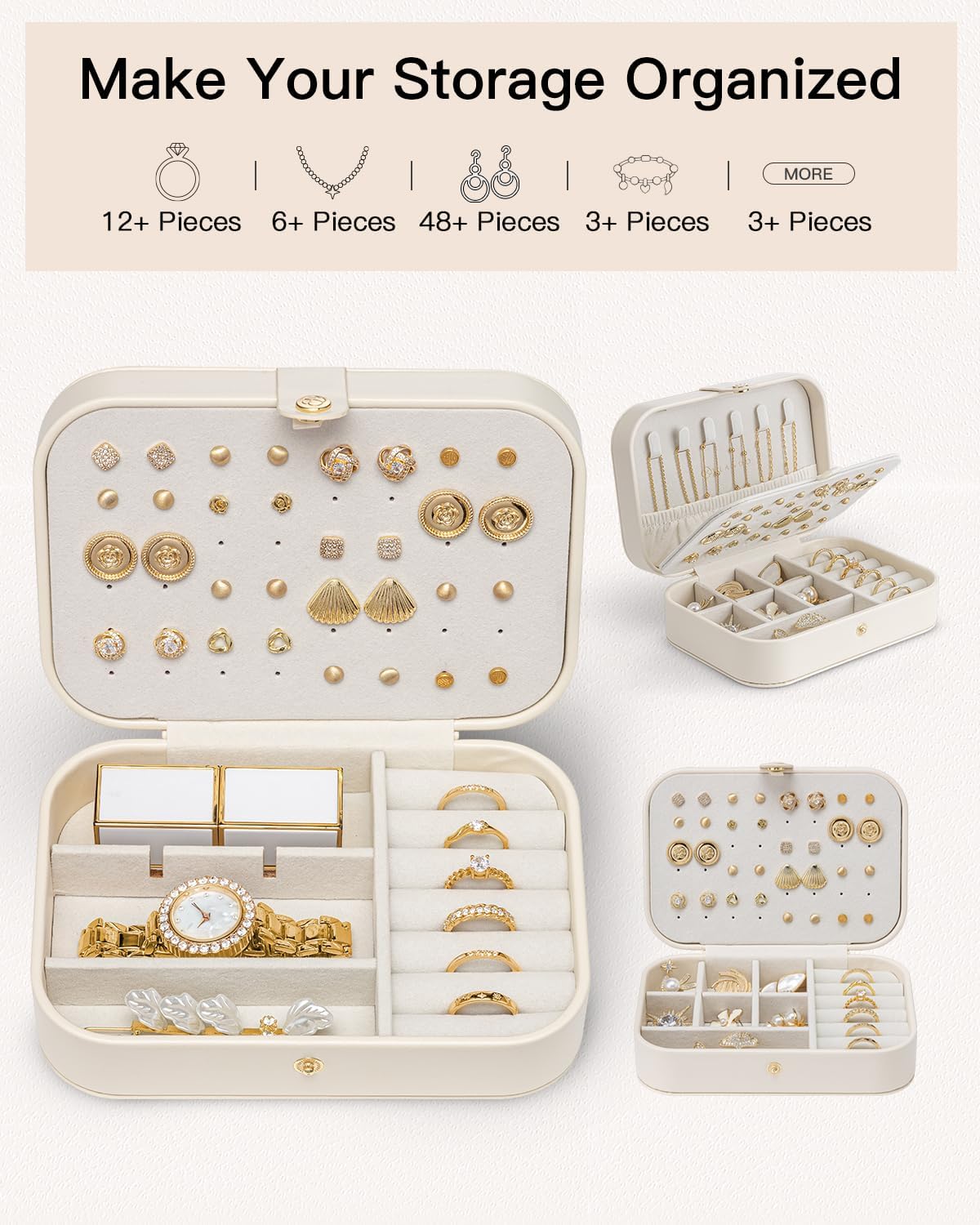 VLANDO Travel Jewelry Case for Women Girls, Gifts for Mother, PU Leather Small Jewelry Box for Rings, Necklaces, Bracelets, Earring Holder Organizer Storage for Travel Essentials - Beige - Image 6