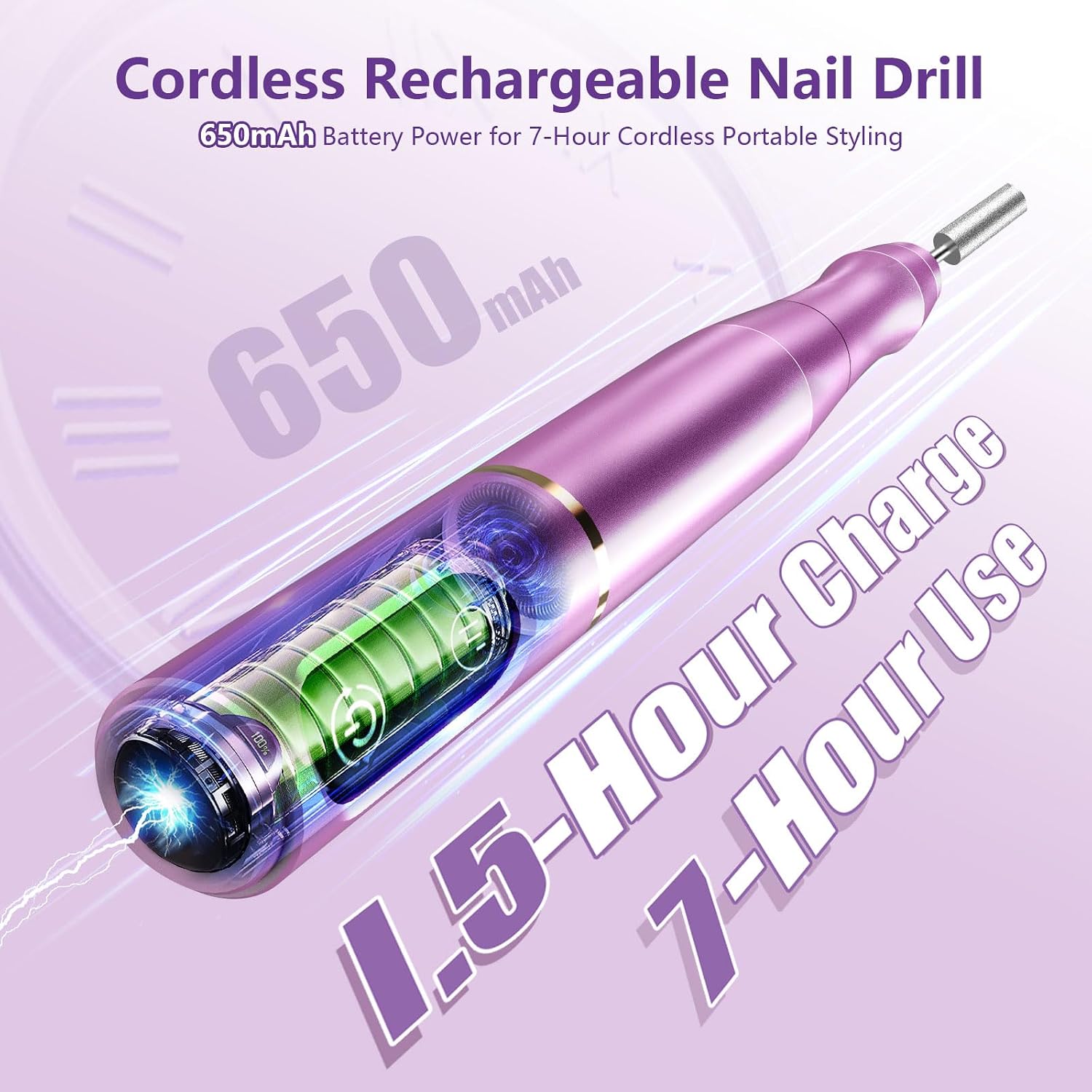 TUOBEO Cordless Nail Drill Electric Nail File Kit, Rechargeable Efile Set | Portable Acrylic Gel Nail Polish Remover Machine, Pedicure Manicure Tool, 11 Bits, 56 Sanding Bands, Salon Home, Purple - Image 2