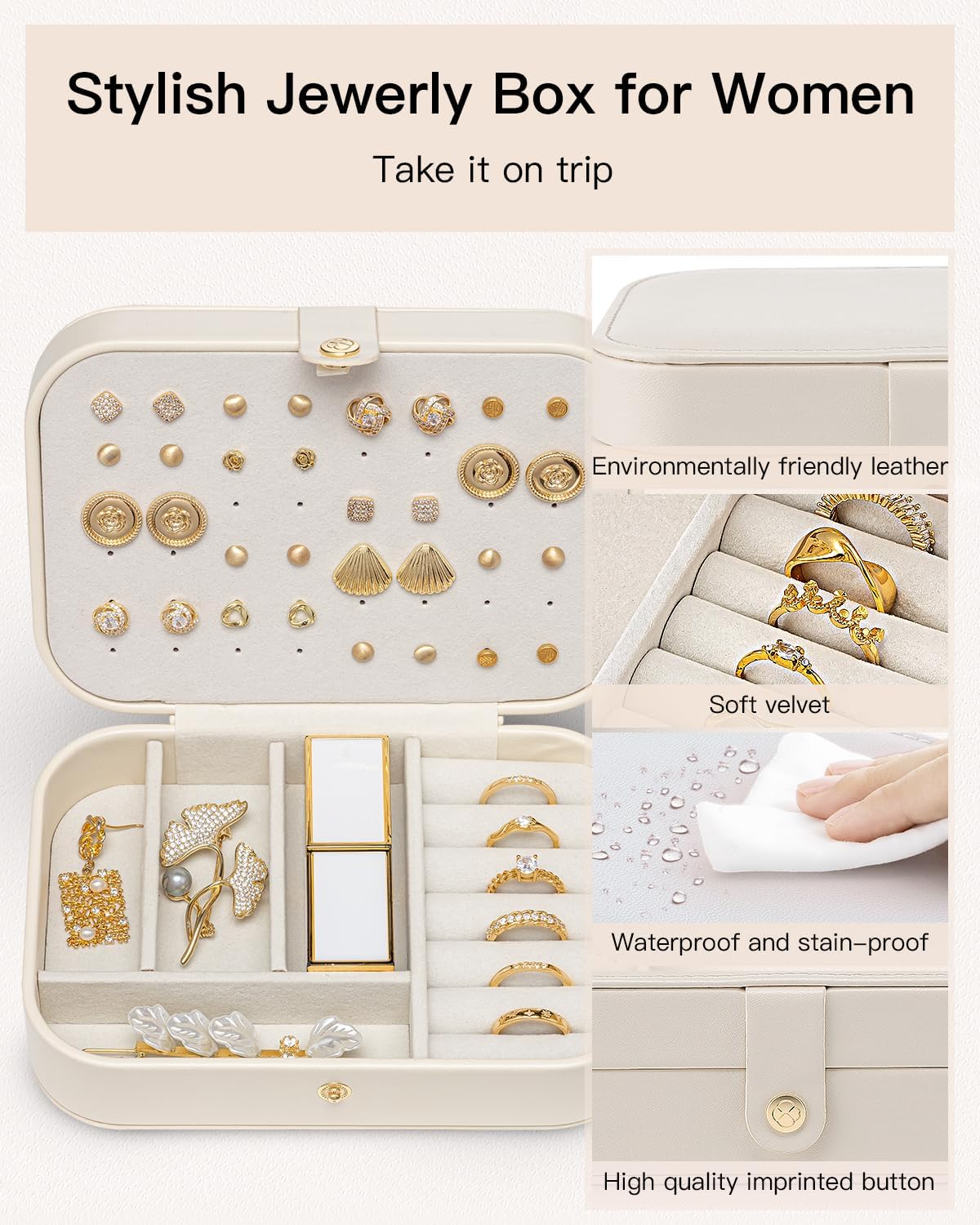 VLANDO Travel Jewelry Case for Women Girls, Gifts for Mother, PU Leather Small Jewelry Box for Rings, Necklaces, Bracelets, Earring Holder Organizer Storage for Travel Essentials - Beige - Image 4