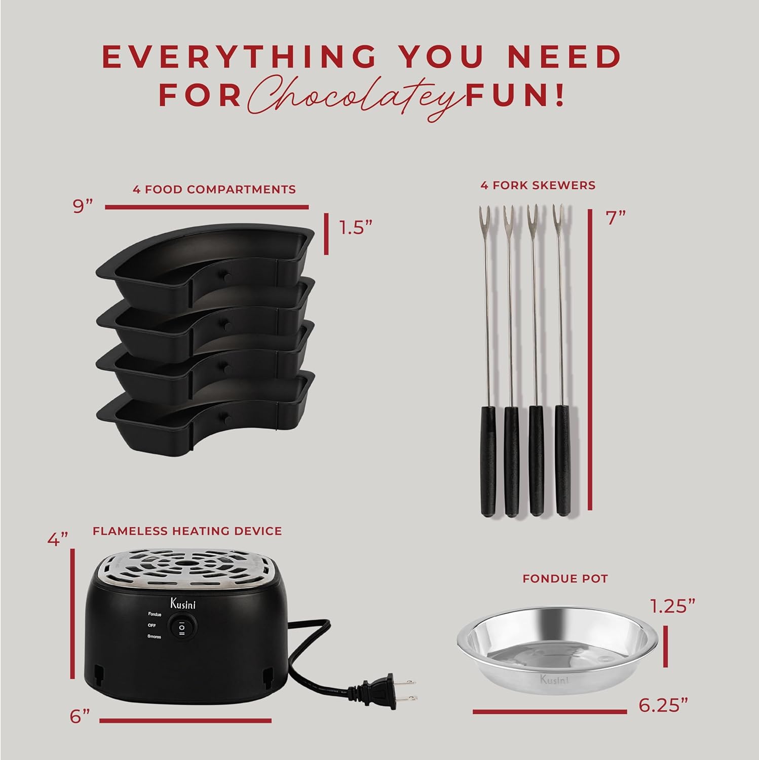 Kusini 2 in 1 Electric Fondue Set & Smores Maker Tabletop Indoor Kit with Removable Trays & 4 Skewers – Smores Station Chocolate Melting Pot - Unique Couple Gift Set Idea, Date & Movie Night Supplies - Image 3