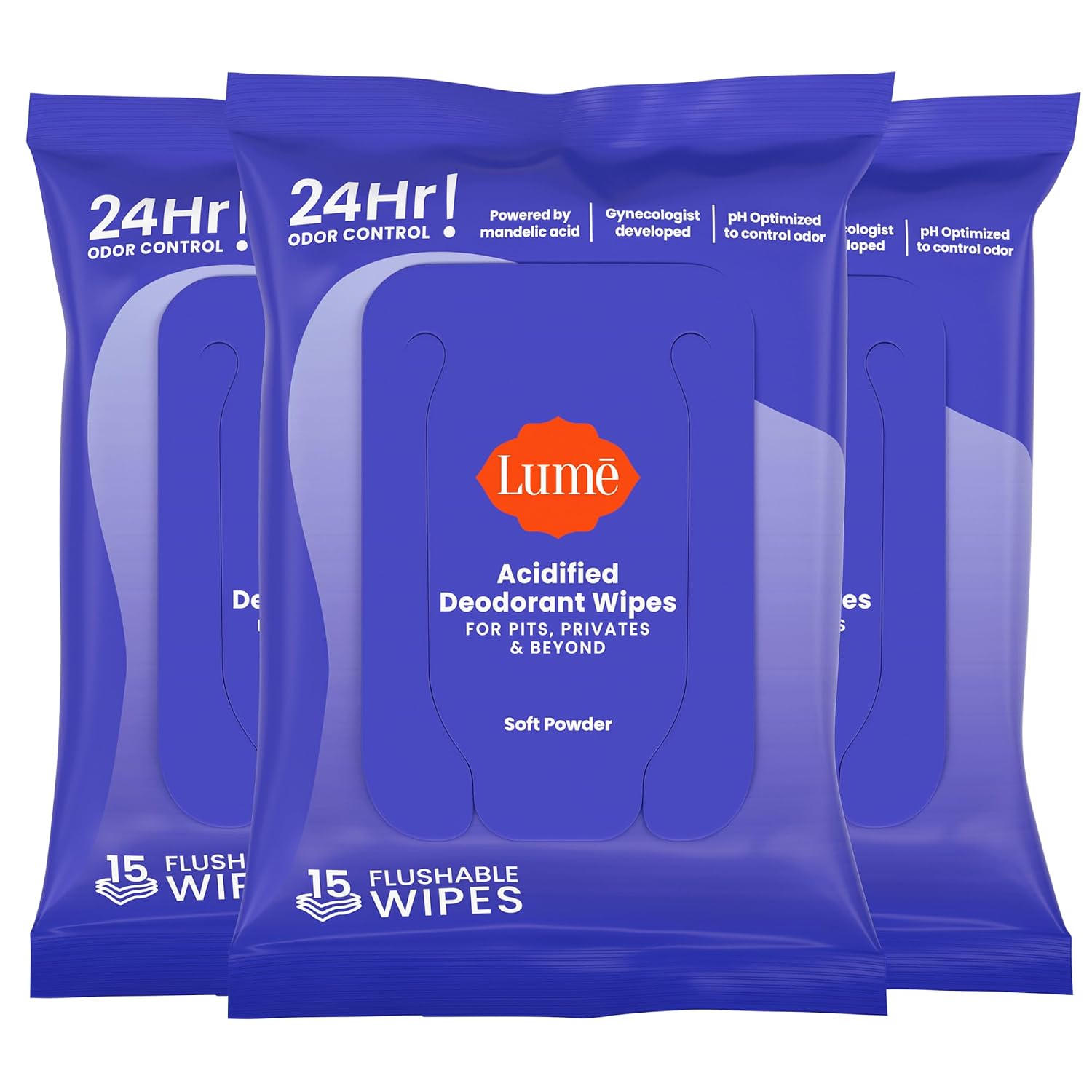 Lume Acidified Deodorant Wipes - 15 ct, 3 pk (Soft Powder) | 24-Hour Odor Control, Aluminum & Baking Soda Free, Flushable Whole-Body Deodorant Wipes for Women