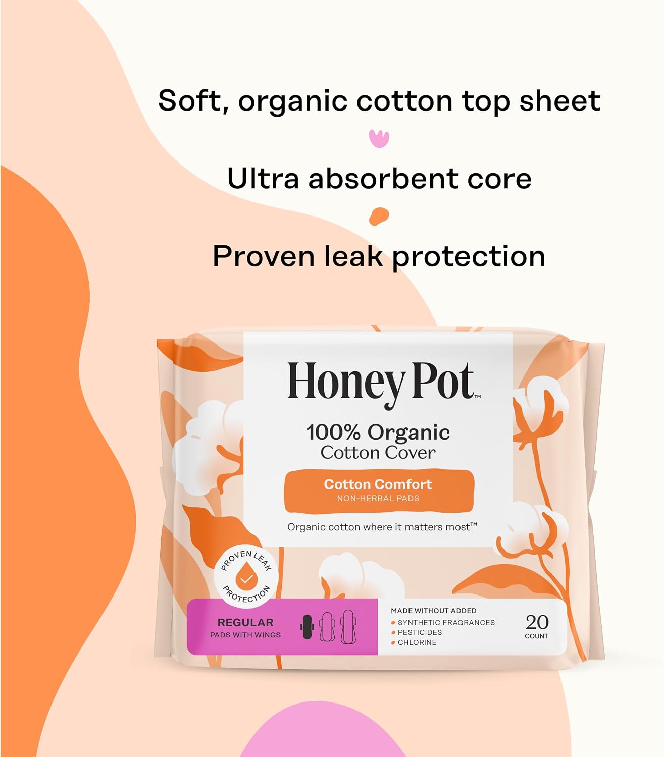 The Honey Pot Company - Cotton Comfort - Regular Pads for Women | Non-Herbal - Organic Cotton Cover - Menstrual Pads w/Wings - No Fragrance, Ultra-Absorbent Pulp Core - Feminine Care - 20ct - Image 4