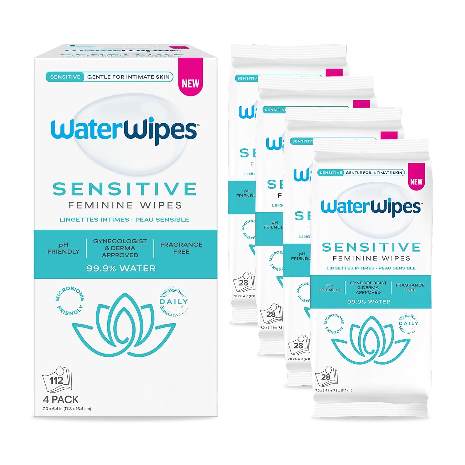 WaterWipes Sensitive Feminine Wipes, 99.9% Purified Water, pH Friendly for Daily Intimate Care, Gynecologist Approved, Fragrance Free, 112 Count (4 Packs)