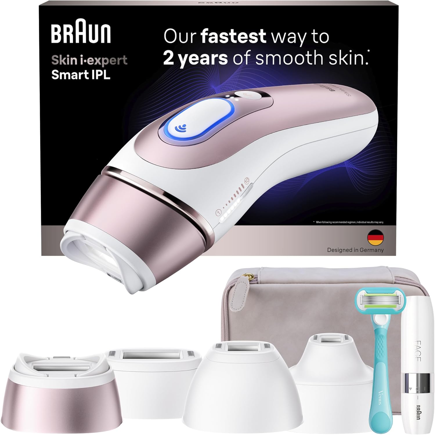 Braun Skin i-Expert Smart IPL PL7219 at Home Laser Hair Removal for Women and Men with App, Premium Pouch, Venus Razor, 2 Smart Heads, Facial Trimmer