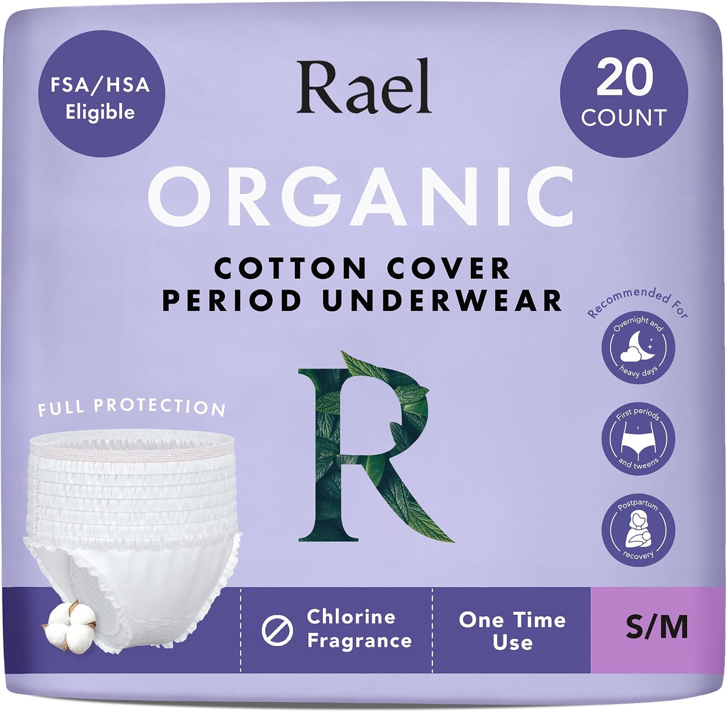 Rael Disposable Period Underwear, Organic Cotton Cover (Size S-M, 20 Ct) | Leak Locker, Unscented, Extended Coverage for Women, Period Essentials, Postpartum Essentials, Feminine Care
