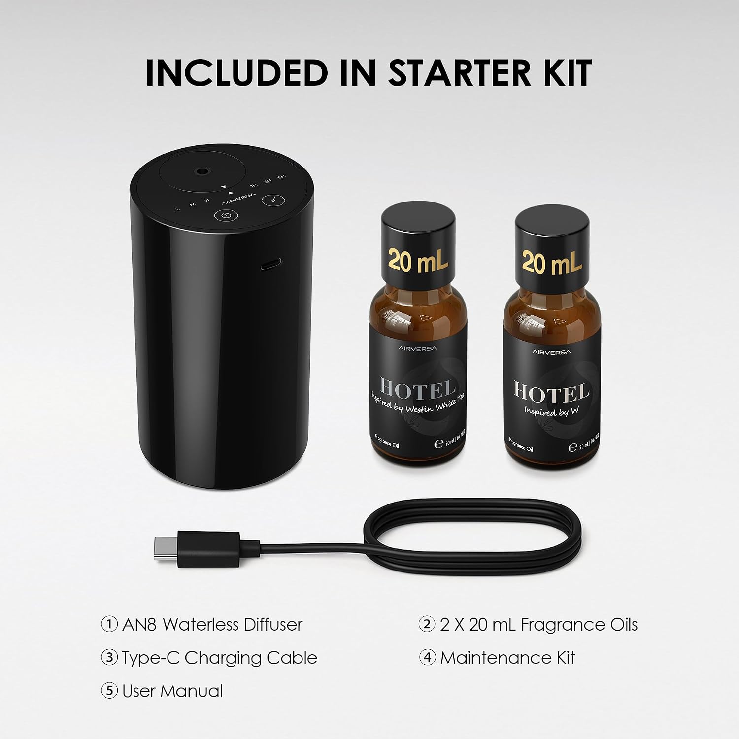 Airversa AN8 Waterless Essential Oil Diffuser Starter Kit, Black | 2X20 mL W+WST Hotel Scent Fragrance Oil, Up to 600 sq ft, Battery Operated, Portable for Home Car Office, A86Kit-2x20-W - Image 5
