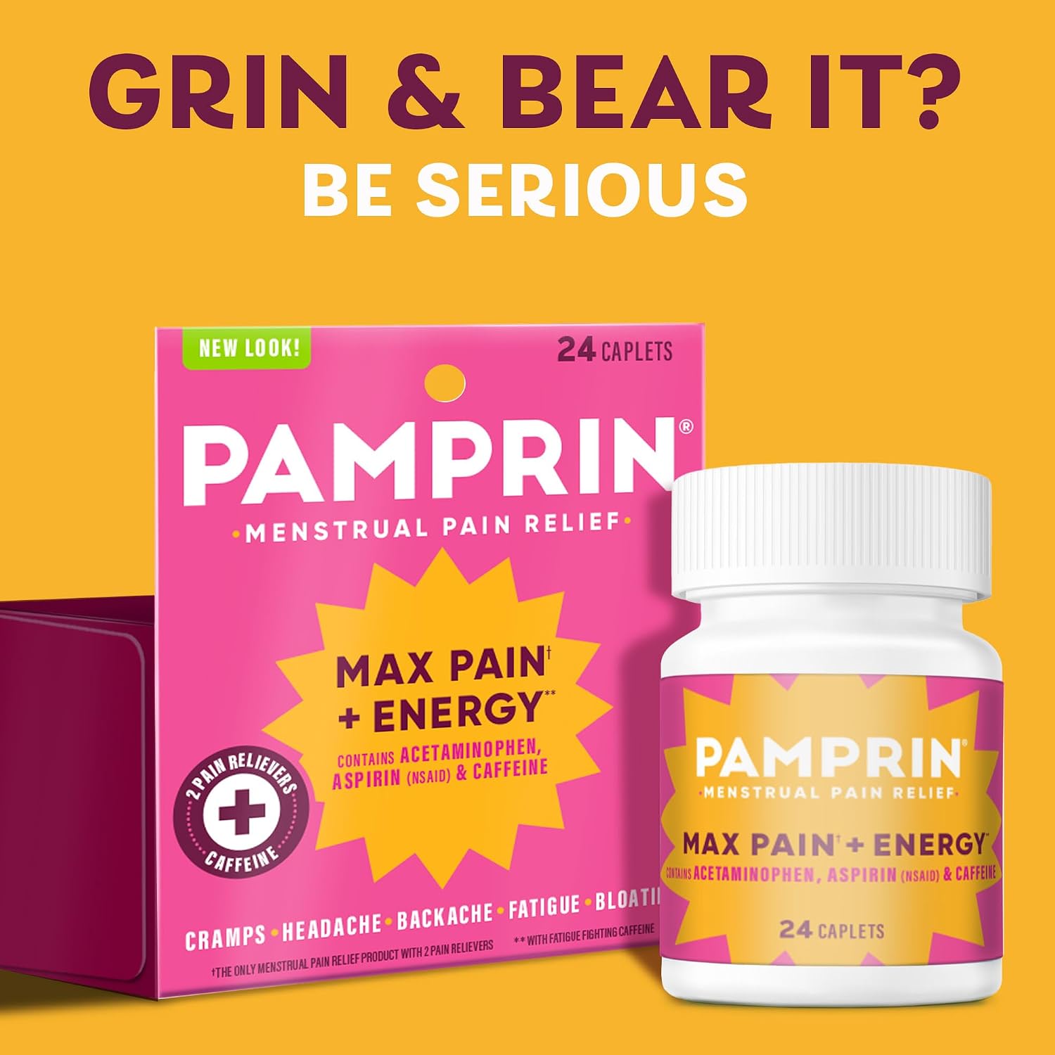 Pamprin Maximum Strength Max Pain and Energy Formula, Menstrual Period Symptoms Relief for Cramps, Bloating and Fatigue, 24 Caplets - Image 3