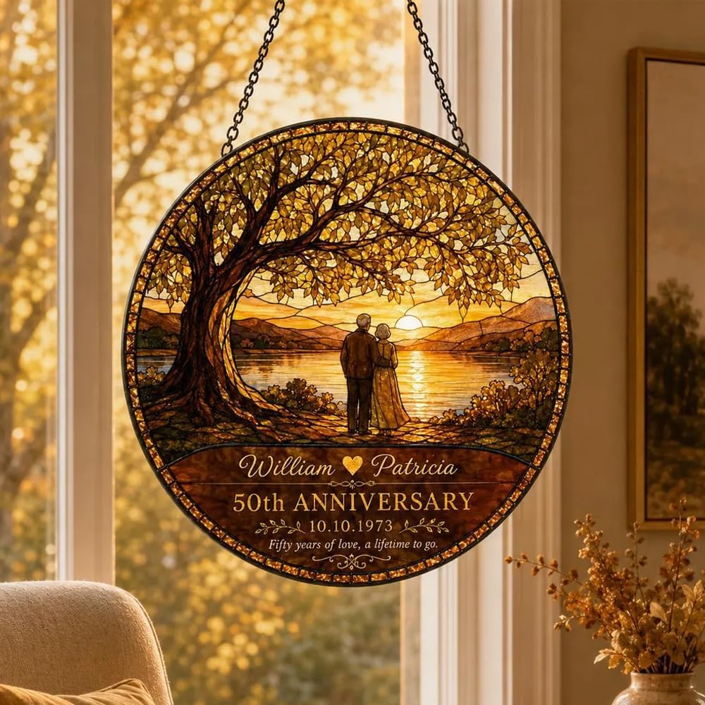 Personalized 50th Wedding Stained Glass Sun Catcher, Custom Names Date Window Hanging Decor, Golden Celebration Keepsake for Parents Home - Image 2